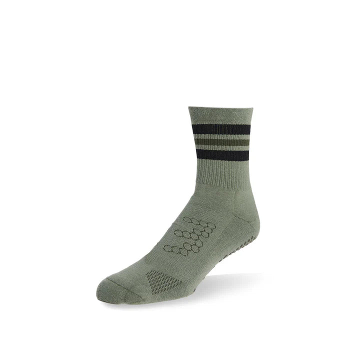 Base33 Grip Crew Socks - Olive Stripe Athletic Socks for Men & Women - Comfortable & Durable for Running, Hiking & Everyday Wear