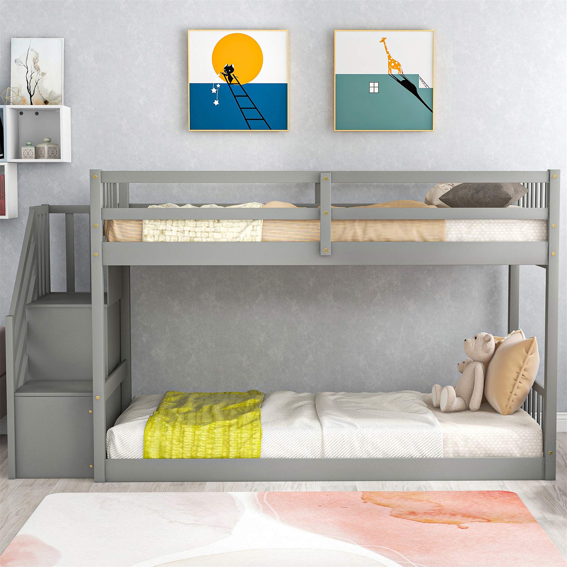 Harper & Bright Designs Twin Over Twin Low Bunk Bed with Stairs & Storage - Sturdy Wooden Kids Bunk Bed for Girls and Boys in Gray - Perfect for Small Bedrooms, Shared Kids Rooms & Space-Saving Sleep Solutions