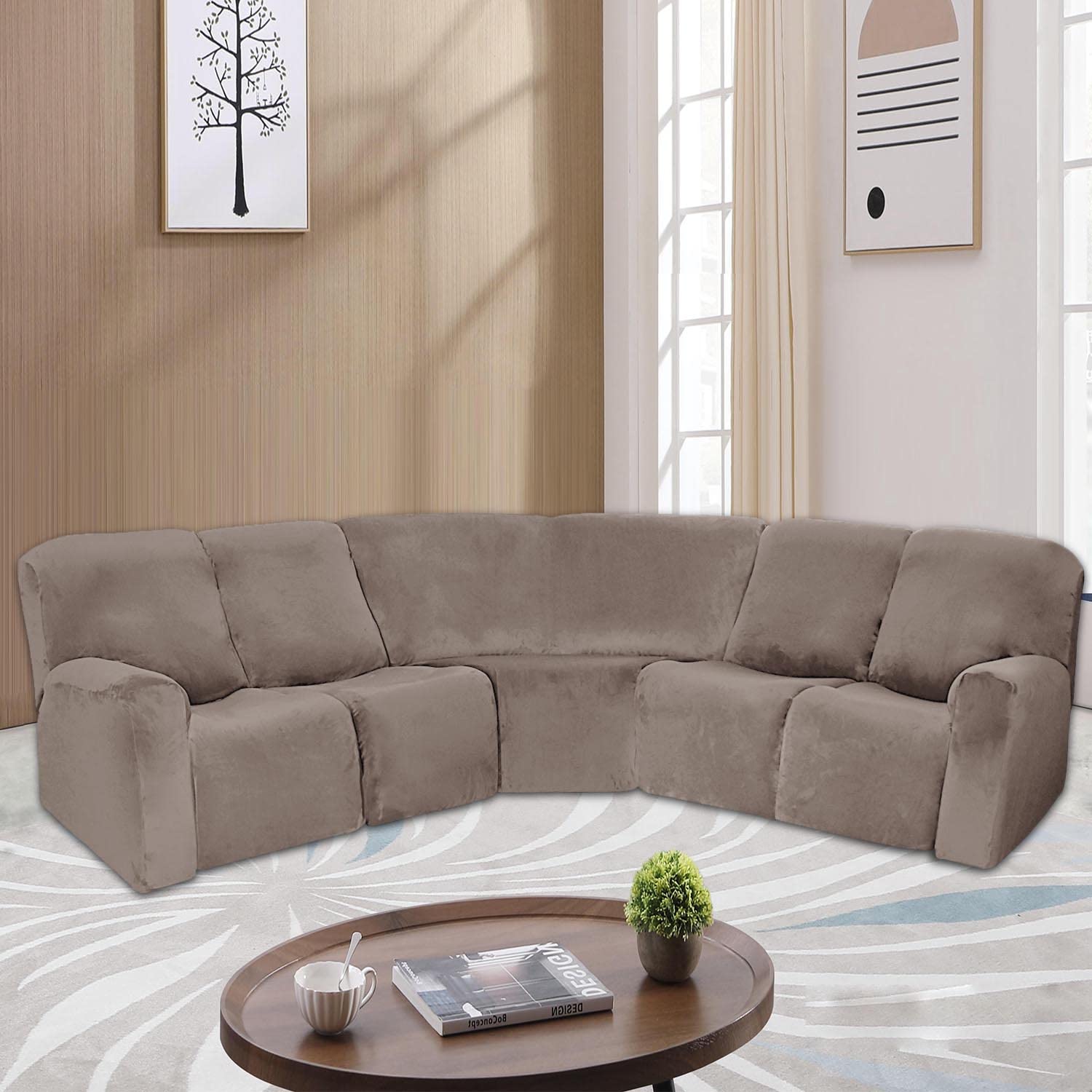 7-Piece L-Shaped Velvet Stretch Recliner Corner Sofa Cover - Soft, Washable & Durable Furniture Protector for Sectional Sofa Sets | Perfect for Living Room, Home Theater & Family Gatherings (Leather)