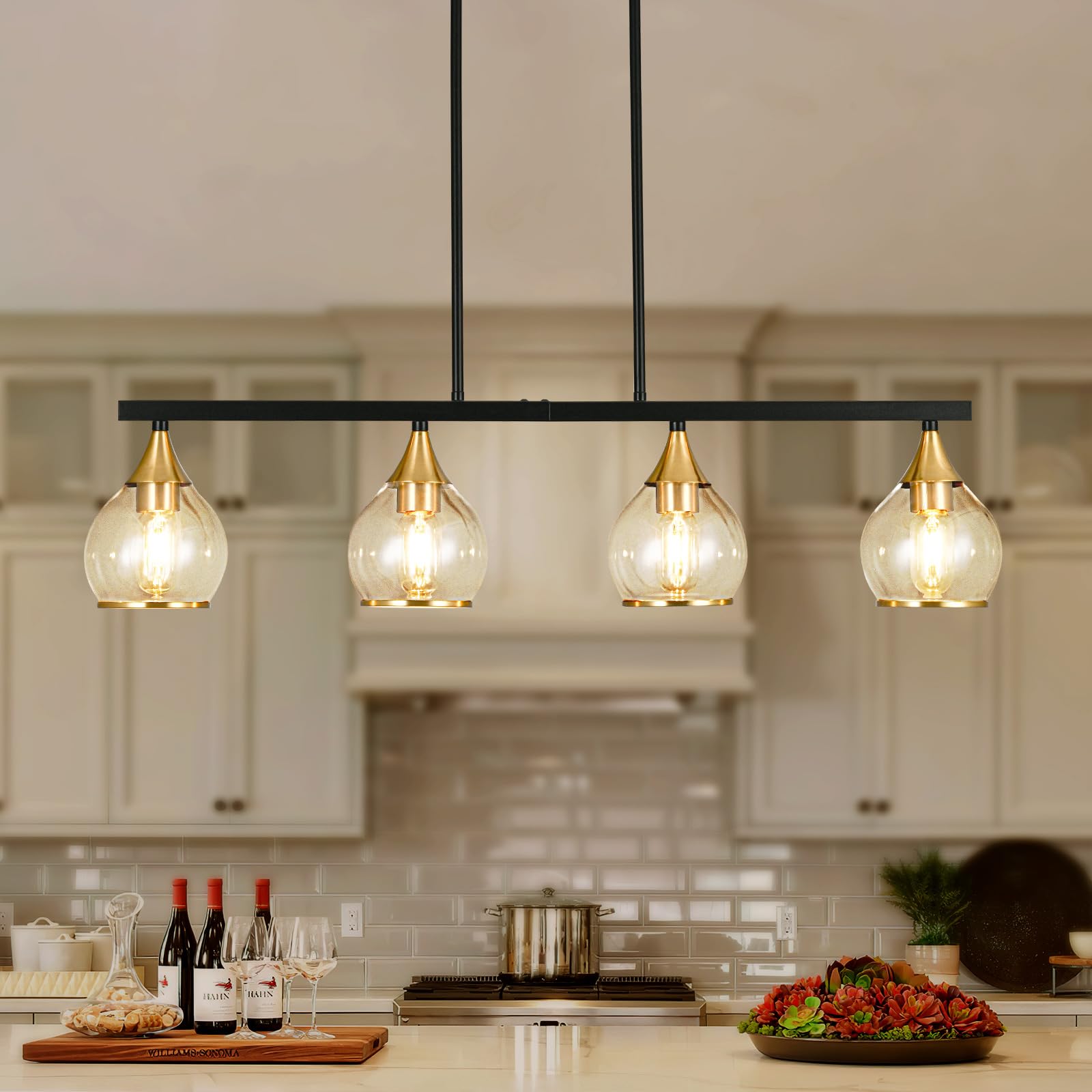 Farmhouse Black and Gold 4-Light Kitchen Island Pendant Chandelier with Clear Glass Shades - Matte Black Linear Hanging Light Fixture for Dining Room & Kitchen Counter | Perfect Over Tables, Breakfast Bars, and Kitchen Islands