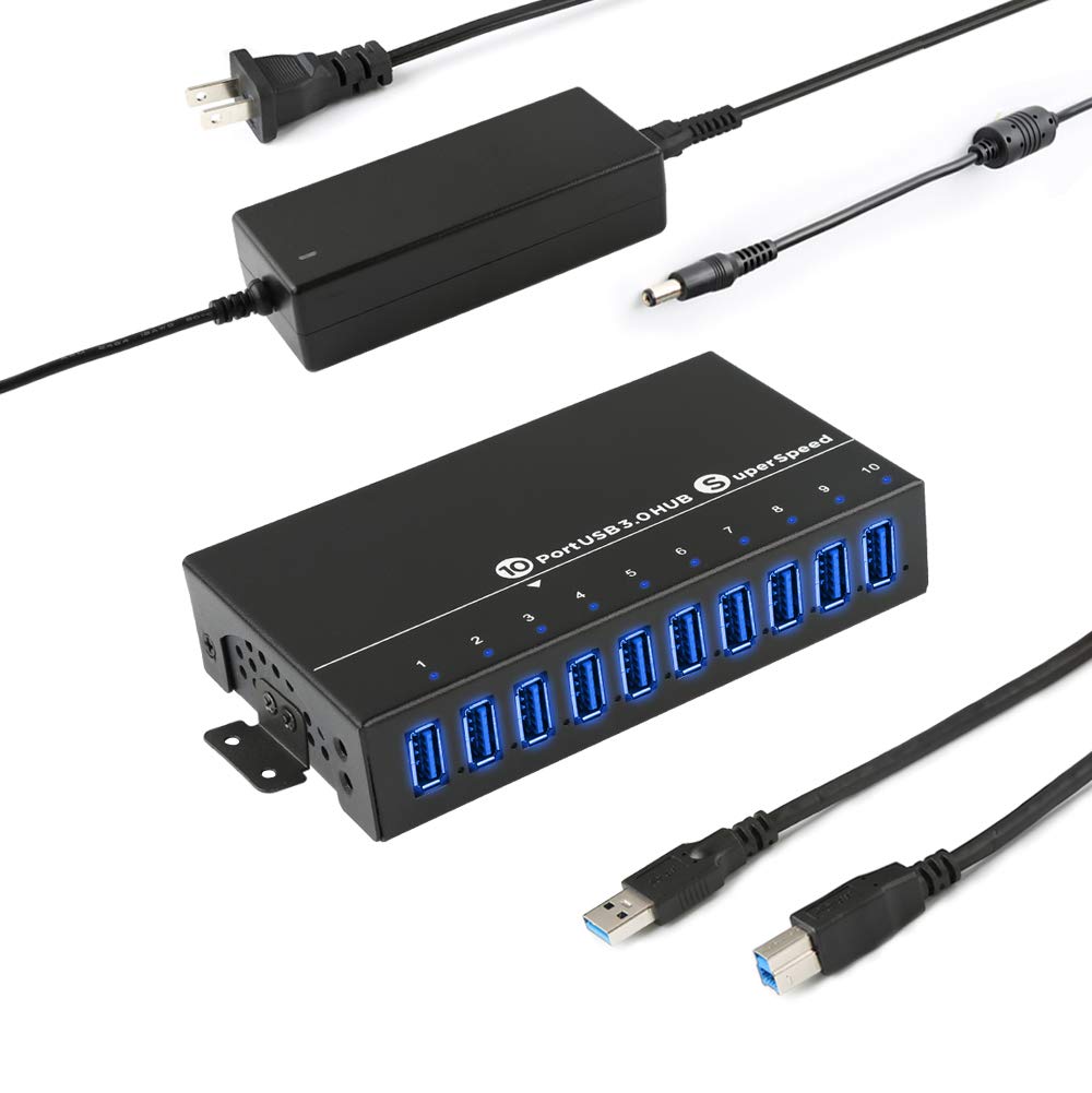 UUSTK 10-Port USB 3.0 Hub with 60W Power Adapter - High-Speed Charging Station for Laptop, PC, Phone, Mac & Mining Rigs - Aluminum Multi-Port Splitter with Mounting Bracket | Perfect for Home Office, Gaming Setup & Crypto Mining Stations