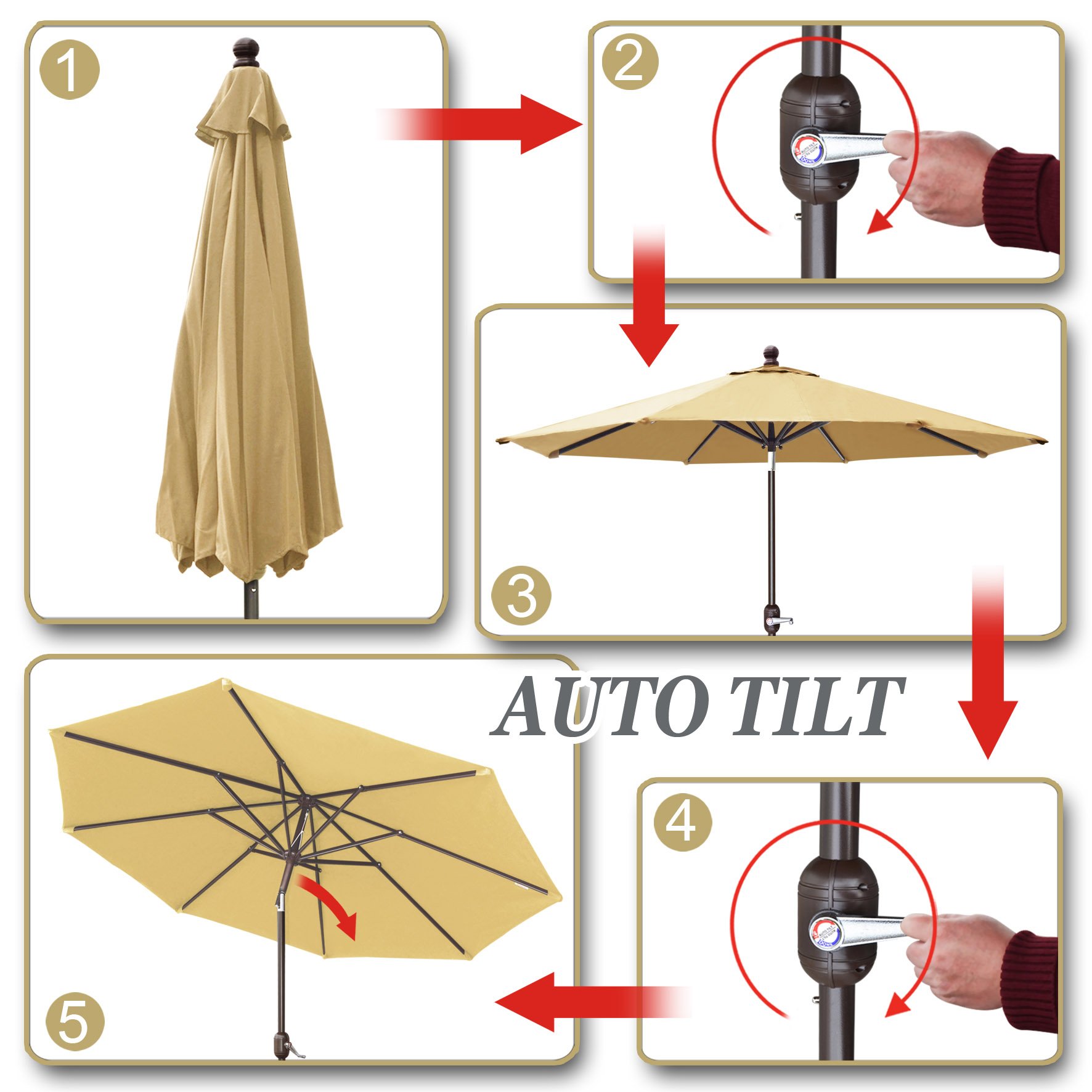 9 Ft Aluminum Patio Umbrella with Auto Tilt & Crank - Heavy Duty Outdoor Table Umbrella with Polyester Cover & 8 Sturdy Ribs - Perfect for Poolside, Backyard, Deck & Patio Furniture