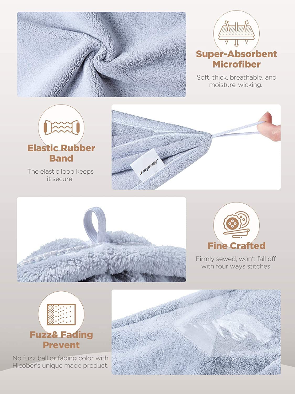 Hicober 3-Pack Microfiber Hair Towel Wrap for Women - Soft Anti-Frizz Hair Turban for Wet & Curly Hair - Quick Dry Hair Towel (Blue, Grey, Pink) - Perfect for Post-Shower, Salon Styling & Travel