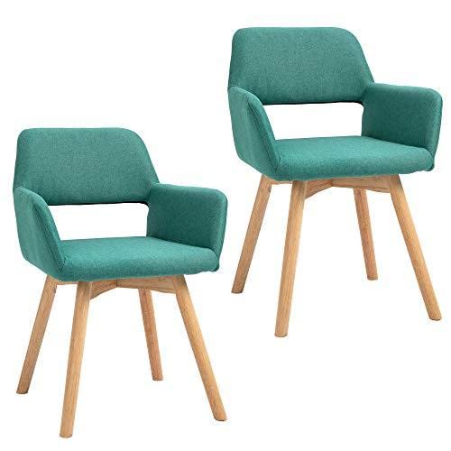 HOMCOM Modern Dining Chairs Set of 2 - Green Fabric Upholstered Armchairs with Solid Wood Legs for Living Room, Bedroom & Dining Room | Comfortable Seating for Home Decor, Entertaining & Relaxation