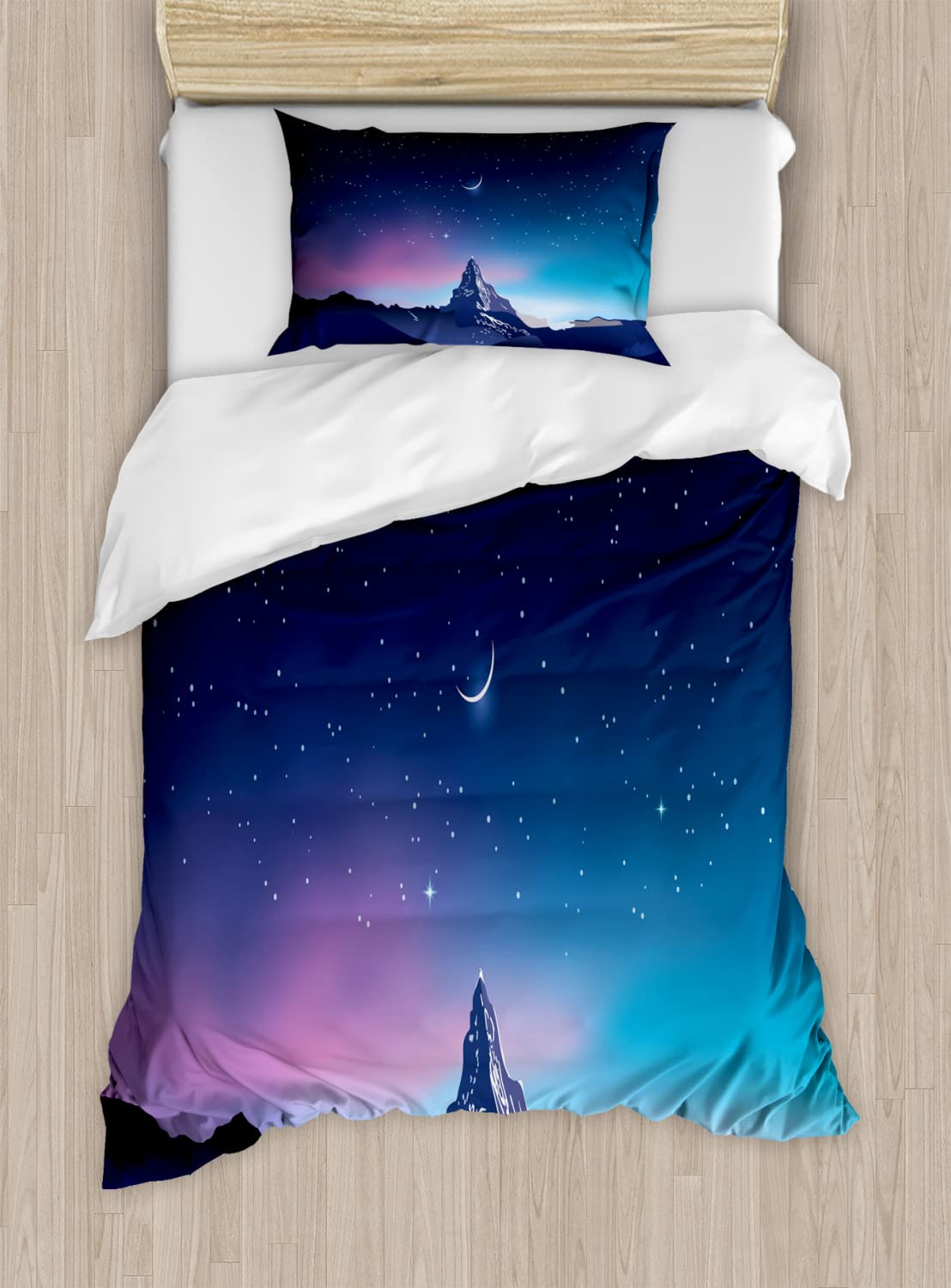 Ambesonne Half Moon Duvet Cover Set - Snowy Mountains Aurora Borealis Design, Twin Size 2-Pack with 2 Duvet Covers & 2 Pillowcases, Indigo Pale Purple - Perfect for Cozy Winter Nights & Nordic-Themed Bedrooms