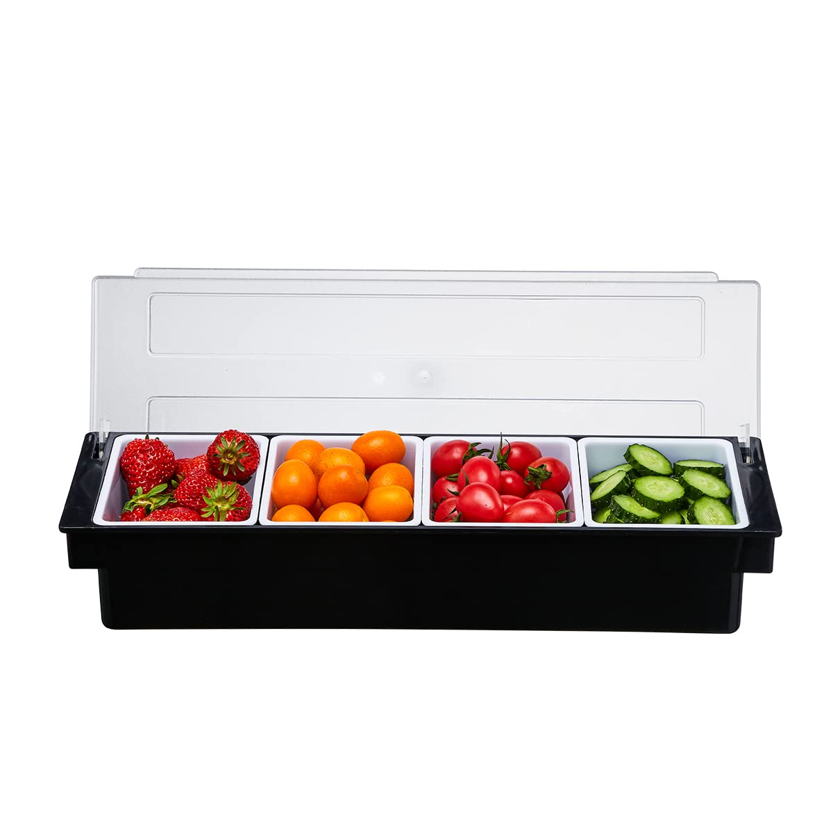 4-Compartment Ice Cooled Condiment Serving Container - Chilled Garnish Tray with Hinged Lid | Perfect for Bars, BBQs, Parties & Outdoor Dining