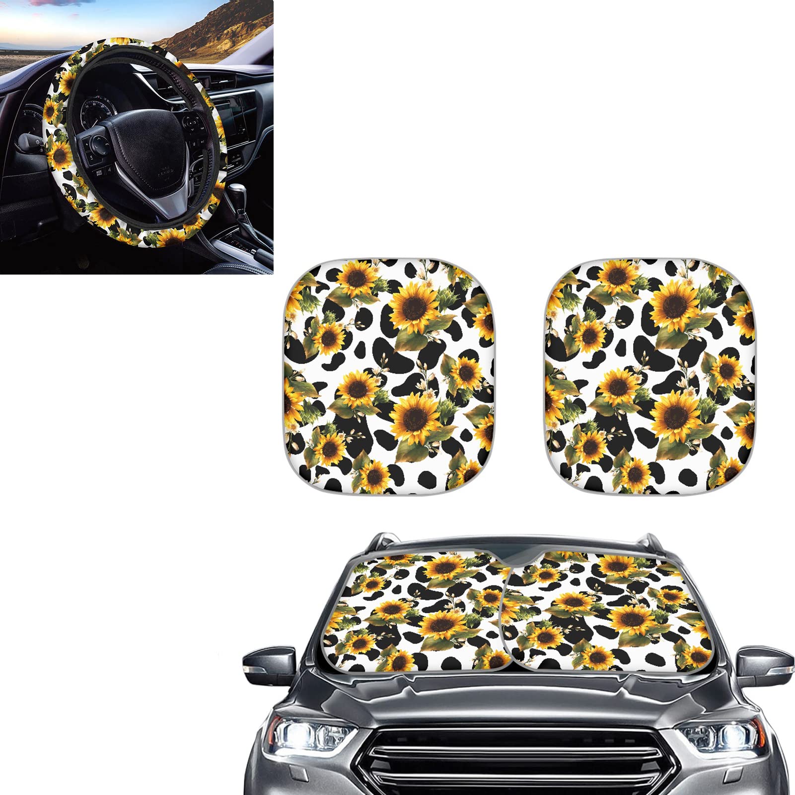 Mumeson 2-Pack Sunflower Car Sunshade - UV Protection & Heat Reflector for Windshield & Steering Wheel Cover - Perfect for Summer Driving