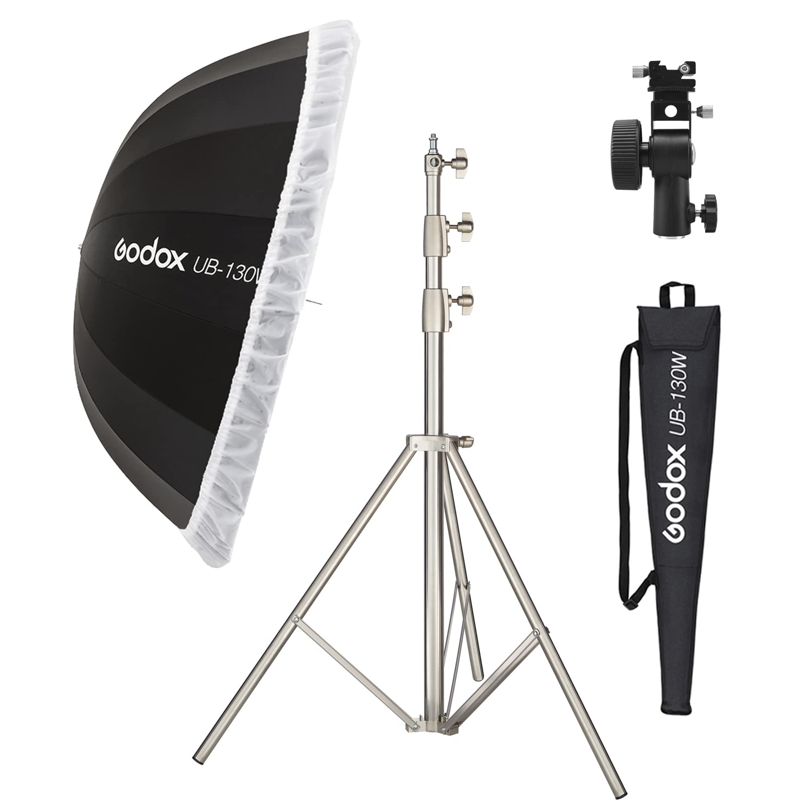 Godox UB-130W 39-inch 130cm Parabolic White Reflective Umbrella with Diffuser Cover - Professional Photography Lighting Kit Includes 2.8M Stainless Steel Stand & Metal Block Type-D - Perfect for Studio Portraits, Product Shoots, and YouTube Video Lighting (UB-130W KIT)