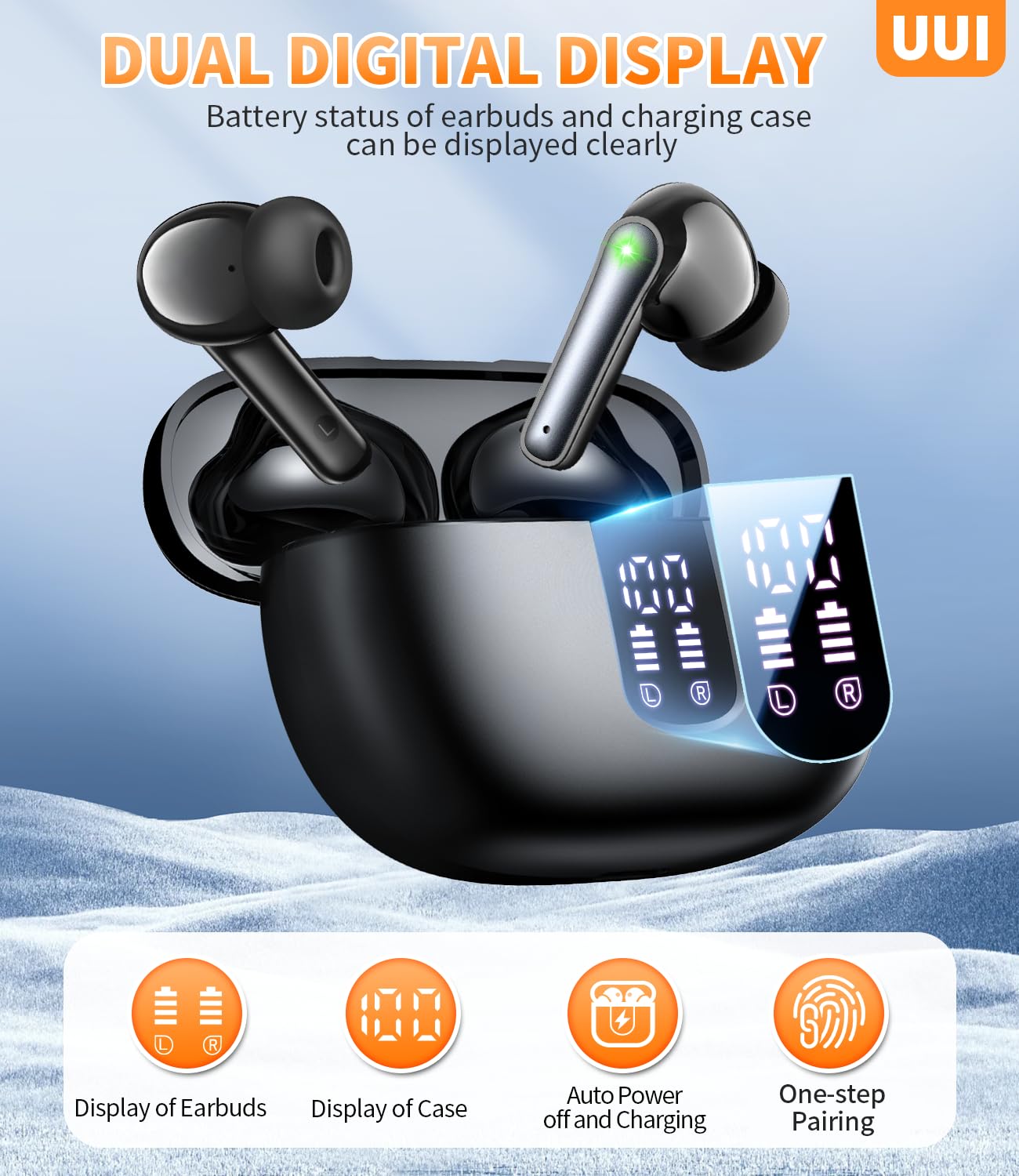 UUI Wireless Earbuds Bluetooth 5.3 Headphones - 48H Playtime with LED Display Charging Case, IPX7 Waterproof, Deep Bass Stereo, Built-in Mic - Compatible with iPhone, Android, Laptop - Perfect for Sports, Workouts & Travel