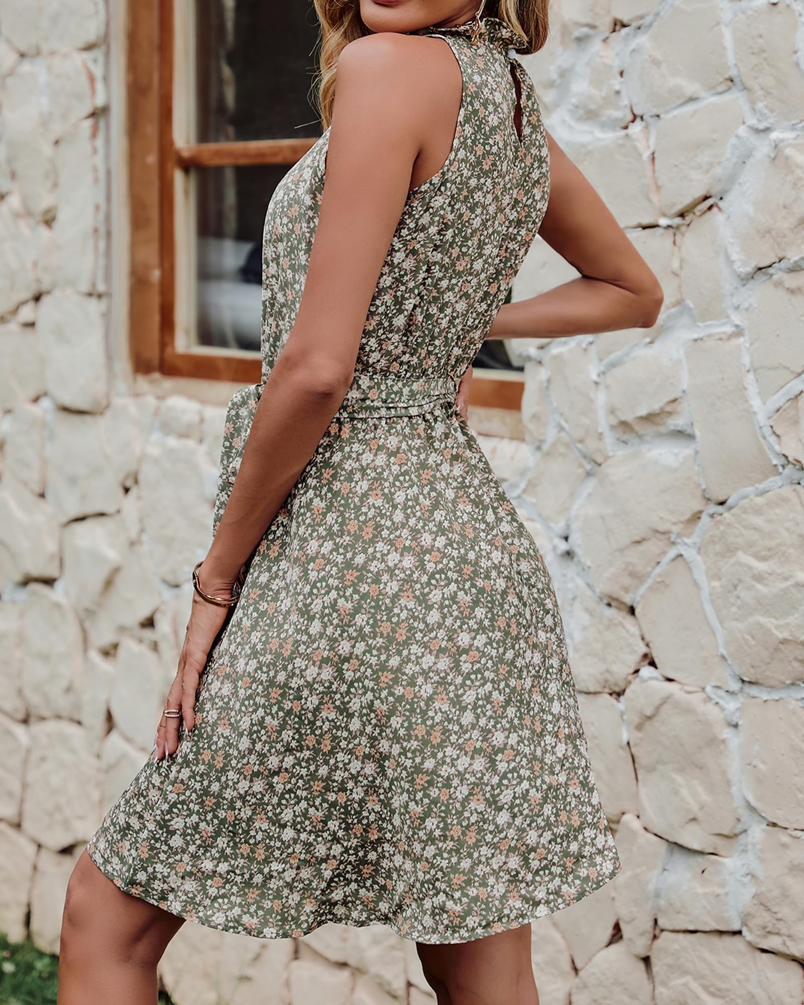 BTFBM Women's Floral & Polka Dot Halter Neck Summer Dress - Sleeveless Boho Mini Dress with Ruffle Detail for Beach, Vacation & Spring 2025 Casual Wear