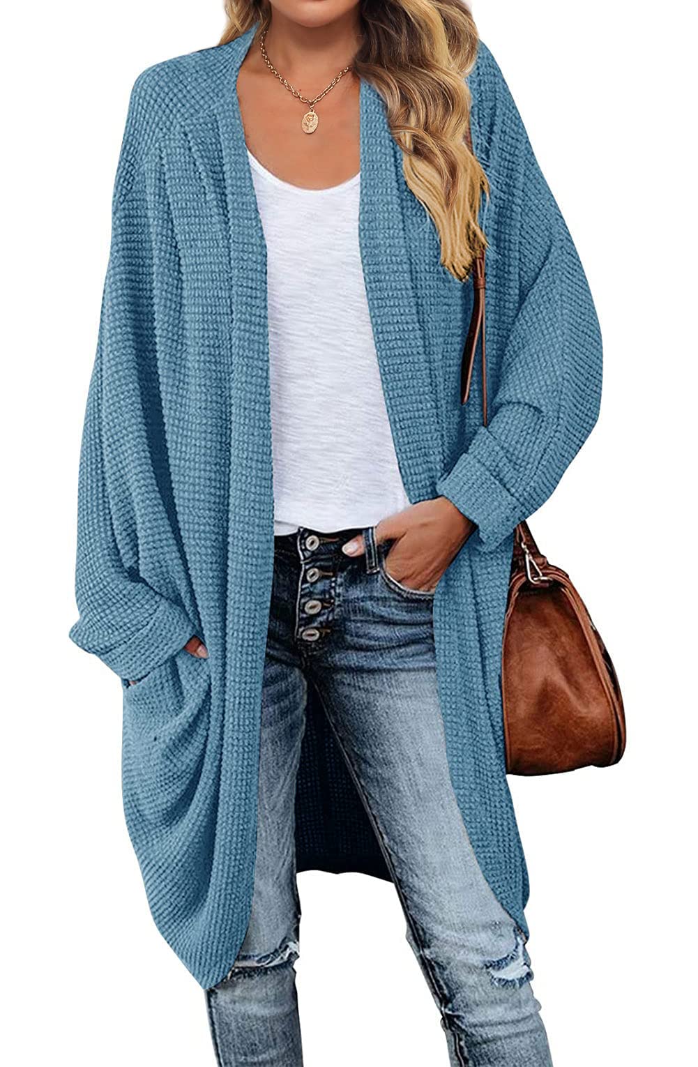 MEROKEETY Women's 2025 Fall Waffle Knit Batwing Long Sleeve Cardigan - Loose Open Front Sweater Coat for Casual Outfits & Layering | Perfect for Autumn, Office Wear & Coffee Dates