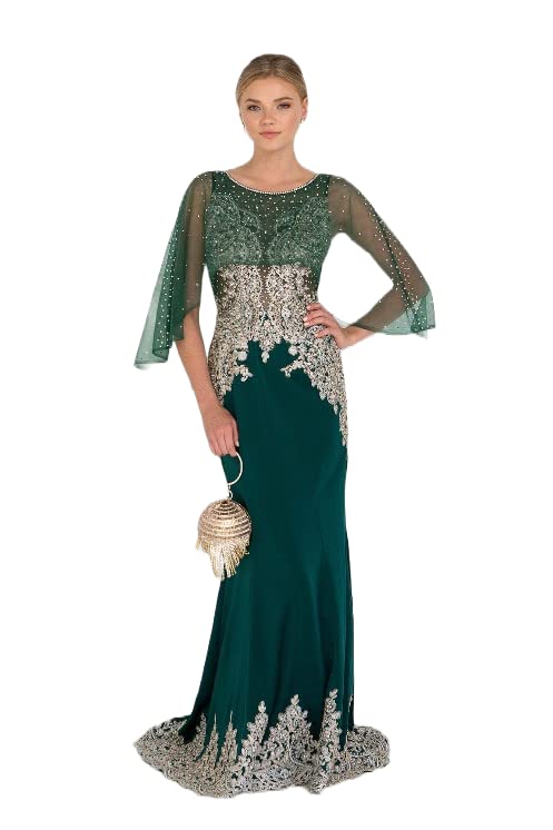 Elizabeth K GL1595 Embroidered Bateau Jersey Trumpet Dress - Women's Elegant Hunter Green Sleeveless Cocktail Dress for Party, Wedding & Special Occasions (Size S, Regular Fit)