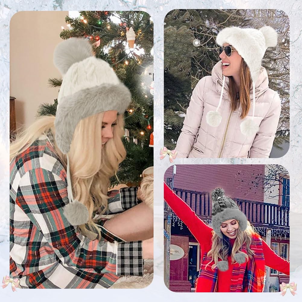 Rayson Women's Knitted Beanie with Ear Flaps & Faux Fur Pompom - Winter Warm Skull Cap with Fleece Lining for Skiing, Snowboarding & Outdoor Activities