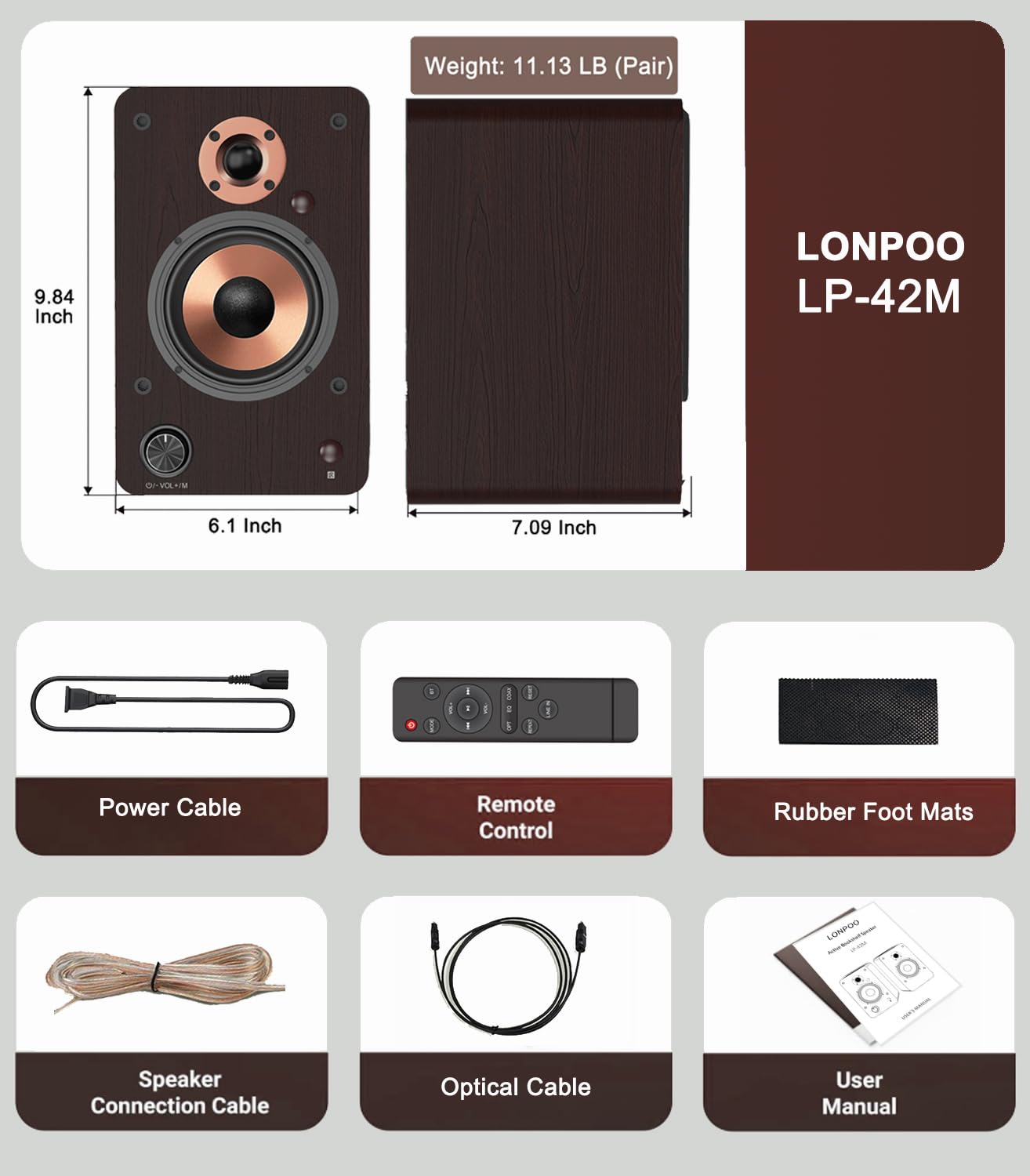 LONPOO 100W Active Bookshelf Speakers with Bluetooth, 4'' Woofer - Optical/Coaxial/RCA/USB/AUX Input for PC, TV, Turntable - LP42M Brown - Perfect for Home Office, Gaming & Music Listening