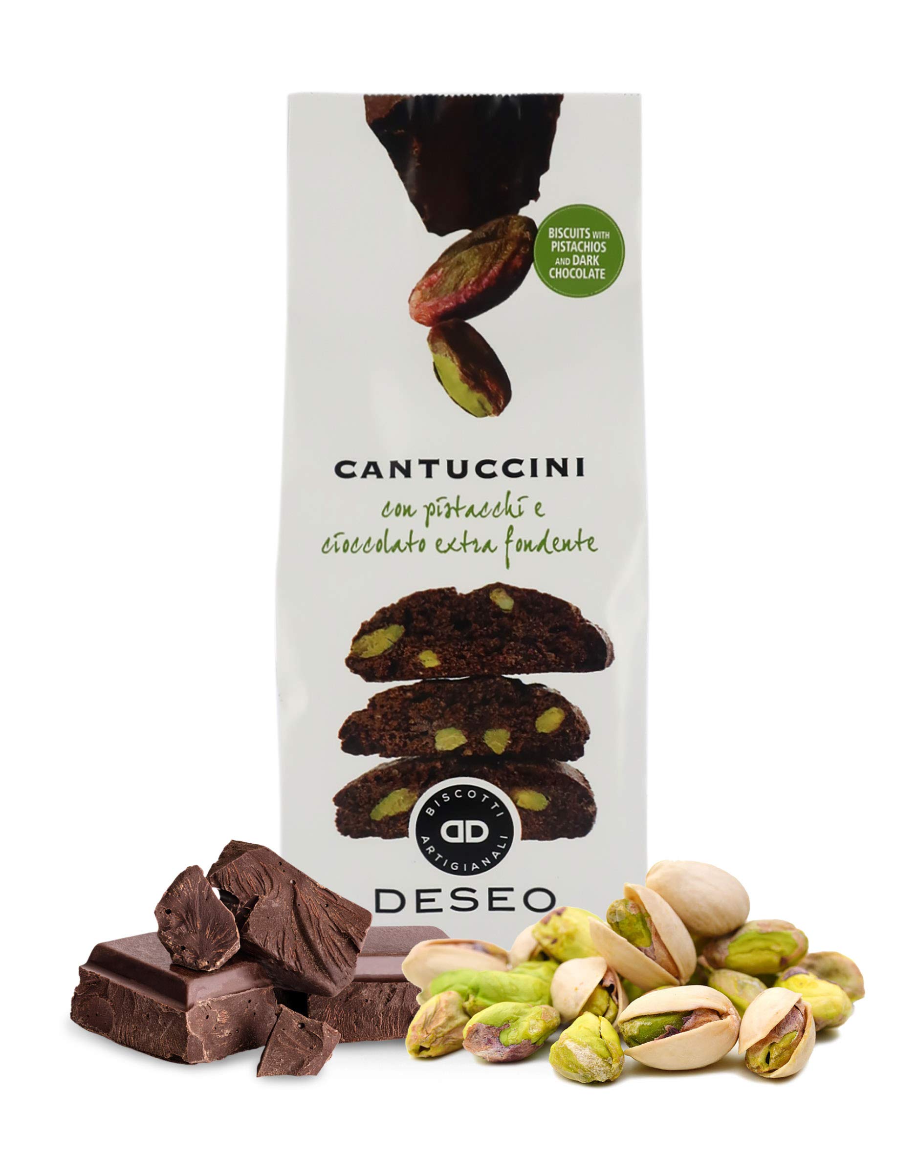 Deseo 10 Packs of Cantucci Italian Almond Biscotti Cookies with Extra Dark Chocolate & Pistachios - 10 x 180g / 6.3oz - Perfect for Coffee Pairing, Gifts & Dessert Platters