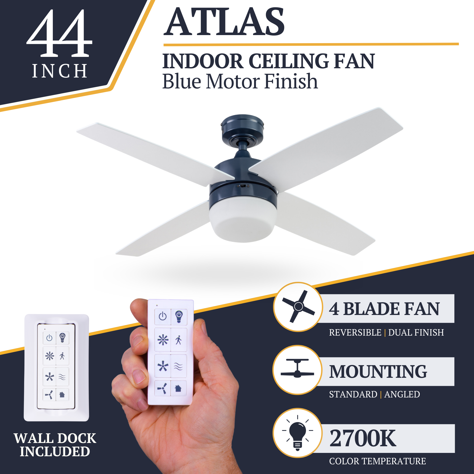 44 Inch Atlas Ceiling Fan with Remote Control - Sapphire Blue - Perfect for Living Room, Bedroom, and Office Spaces