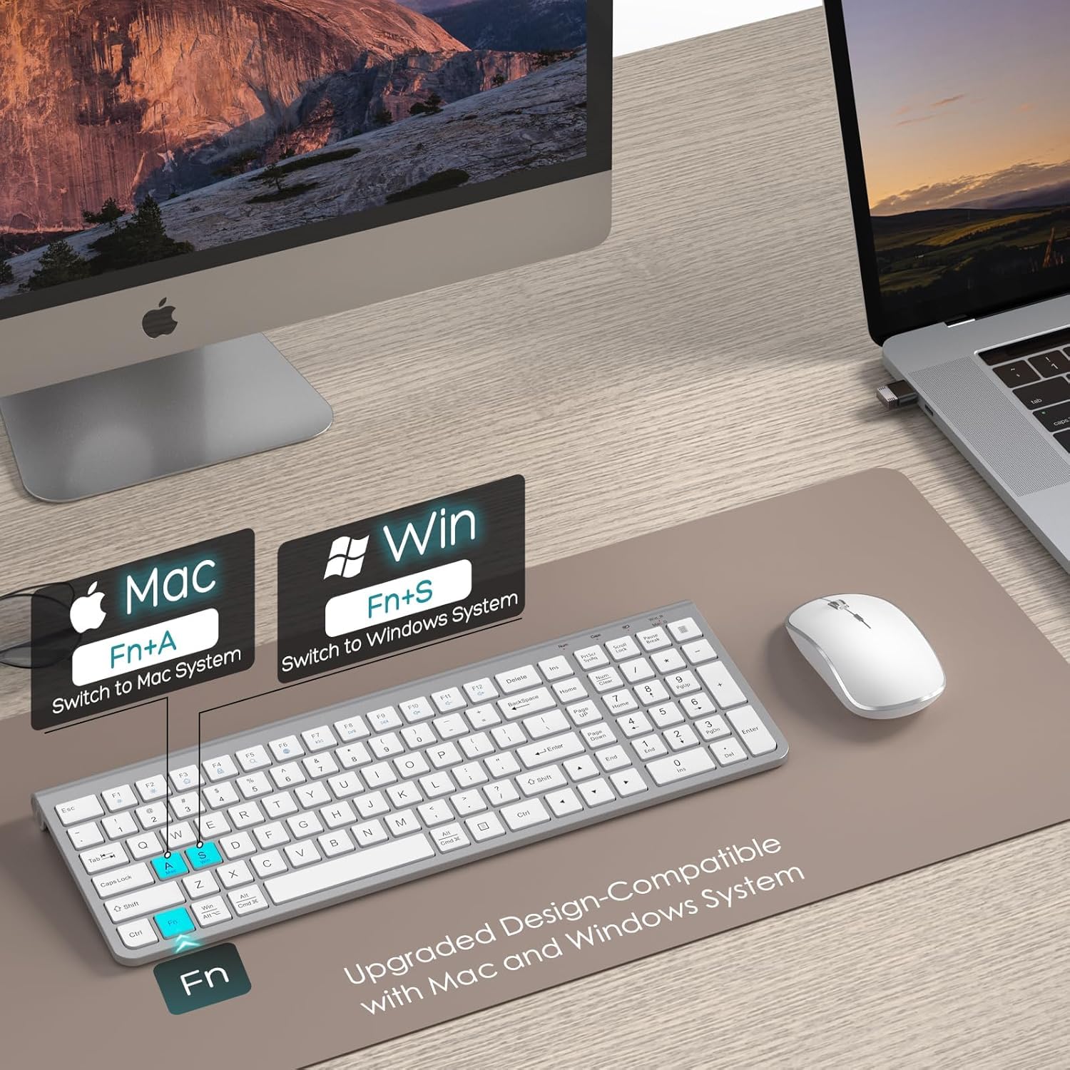 Upgraded Wireless Keyboard and Mouse Combo - Ergonomic, Dustproof, Portable with Number Keypad, Adjustable DPI for Laptop & PC (Windows/Mac) - Silver White - Perfect for Office, Home & Gaming Use