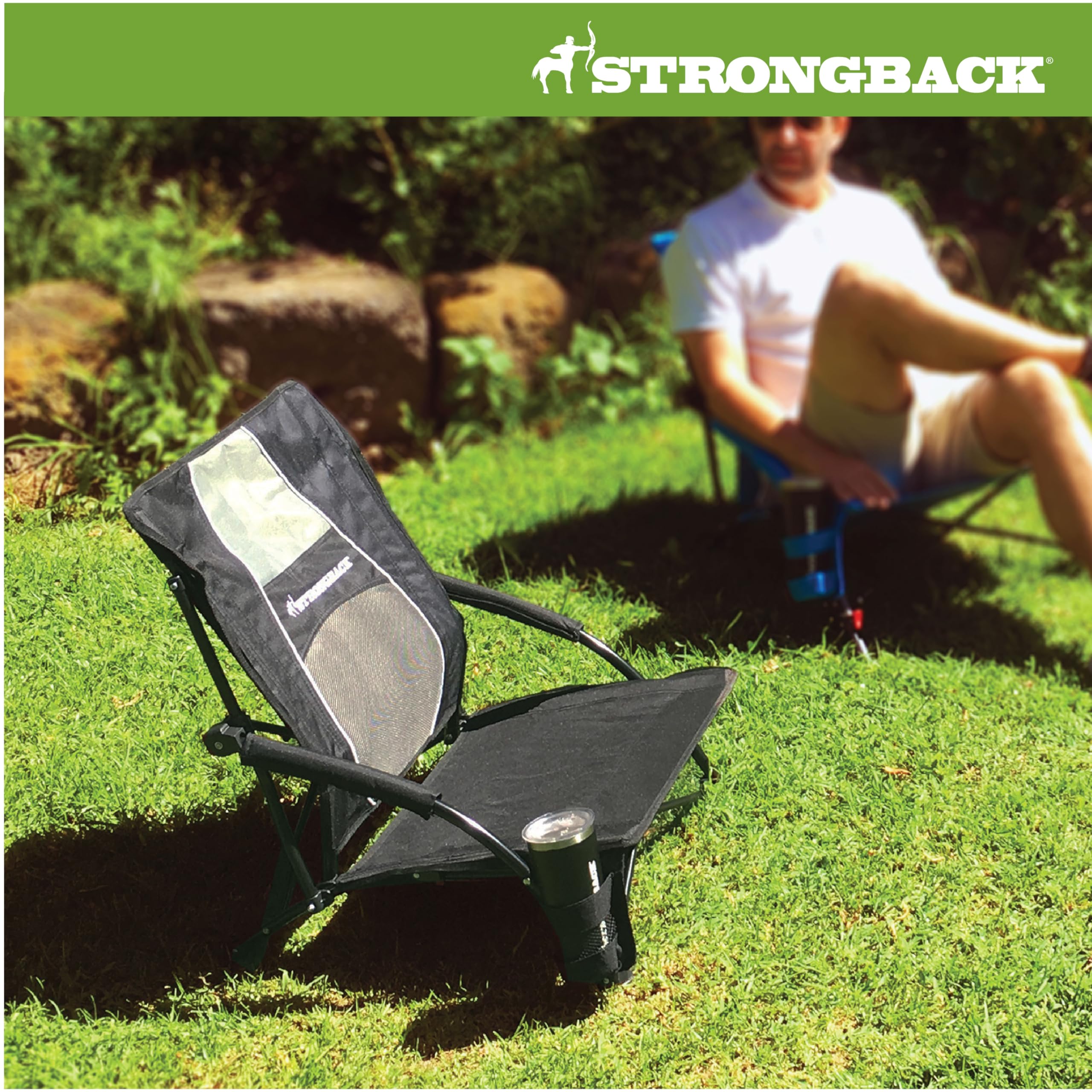 STRONGBACK Low Gravity Beach Chair with Built-in Lumbar Support - Heavy Duty Portable Folding Chair for Adults - Perfect for Beach, Camping, Backyard & Outdoor Relaxation - Black