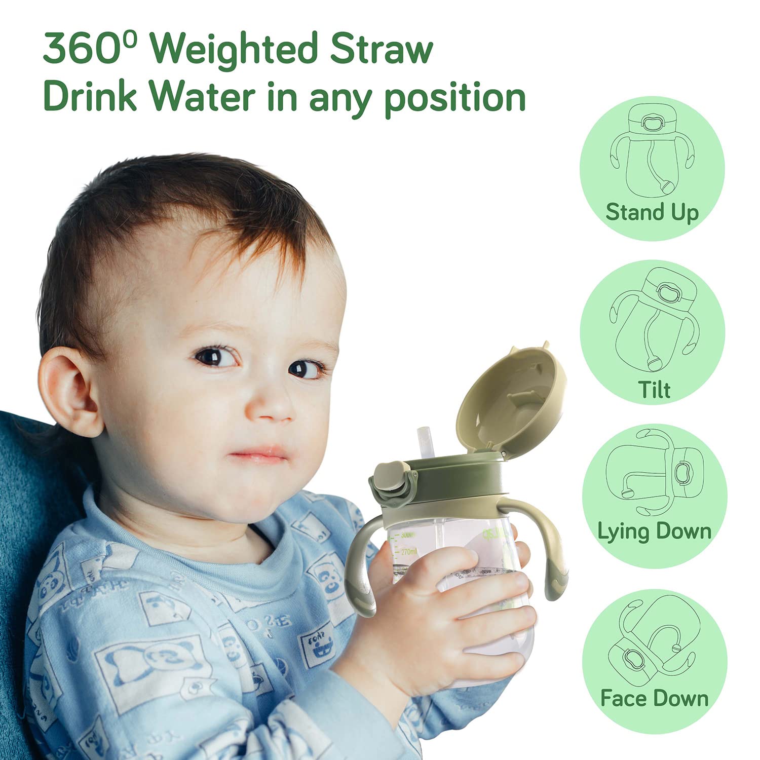 LuvLap Baby Bite-Resistant Soft Silicone Straw Sippy Cup with Handle & Weighted Straw - Anti-Spill Lock, BPA-Free, 300ml, Green - Ideal for Toddlers 6+ Months, Perfect for On-the-Go Feeding, Travel & Learning Independent Drinking