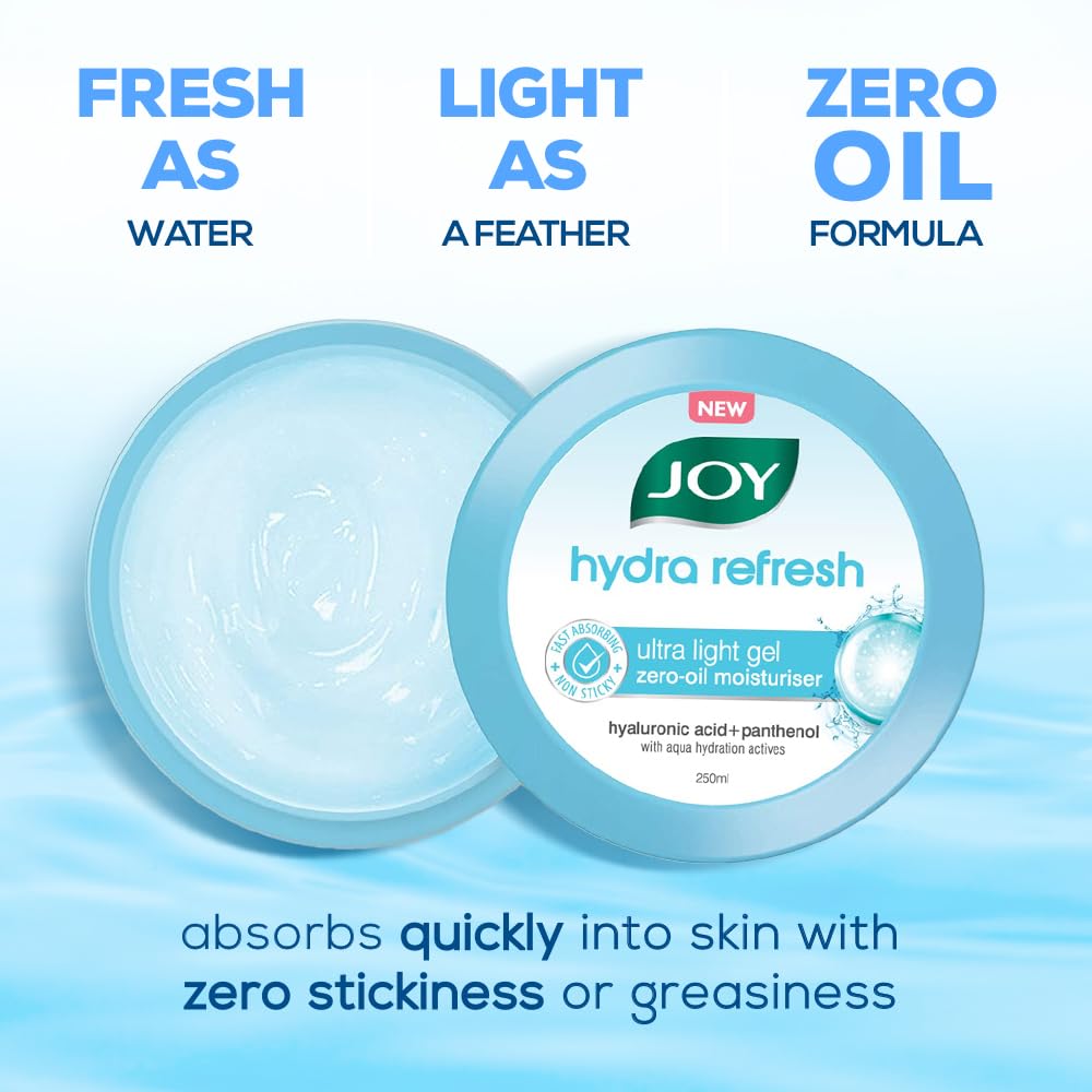 Joy Hydra Refresh Ultra-Light Gel Moisturizer - 48 Hour Hydration with Hyaluronic Acid | Oil-Free Face & Body Moisturizer for Oily, Dry & Combination Skin | 250ml | Perfect for Daily Skincare Routine & Travel