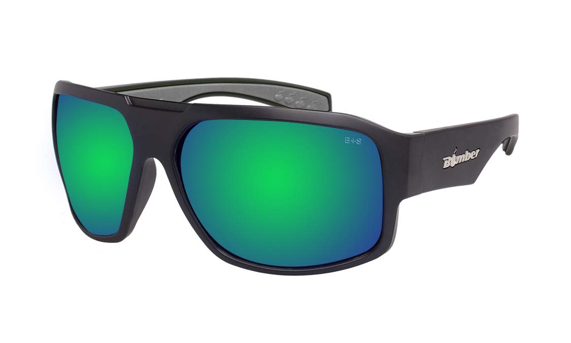 BOMBER MEGA Bomb M103GM Safety Sunglasses for Men - Matte Black Frame, Green Mirror Lens, Non-Slip Foam Lining, ANSI Z87+ Certified, UV Protection - Ideal for Construction, Shooting & Outdoor Activities