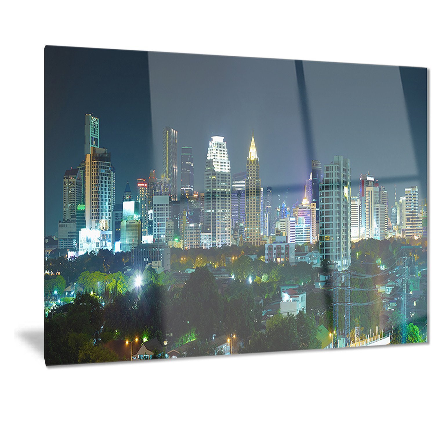 Designart Night City Bangkok Cityscape Metal Wall Art - 12'' H x 28'' W Photo Print for Home & Office Decor - Modern Urban Landscape Wall Decor for Living Room, Bedroom or Office