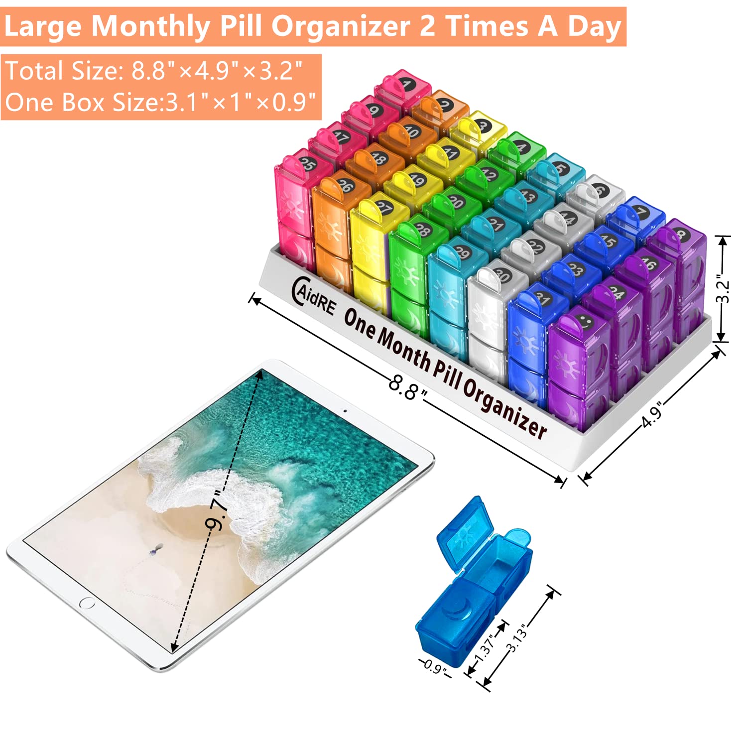 CAidRE 30-Day AM/PM Pill Organizer - 31 Compartments for Daily Vitamins, Fish Oil & Supplements | Perfect for Travel, Medication Management & Weekly Pill Dispenser