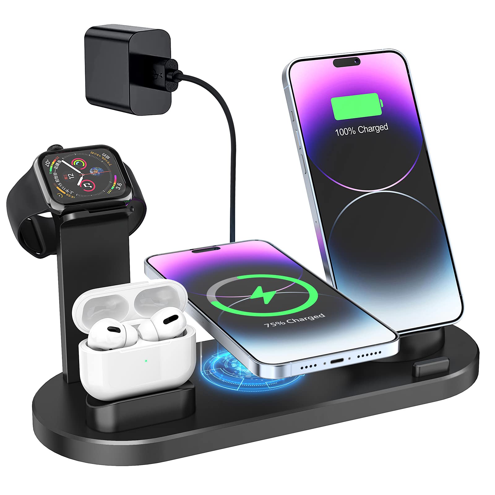 4-in-1 Wireless Charging Station Dock for Apple Watch, AirPods, iPhone 14/13/12/11/X Series & Samsung Phones - Fast Qi-Certified Stand with Nightstand Mode for Bedroom, Office, and Travel (iWatch Charger Required)