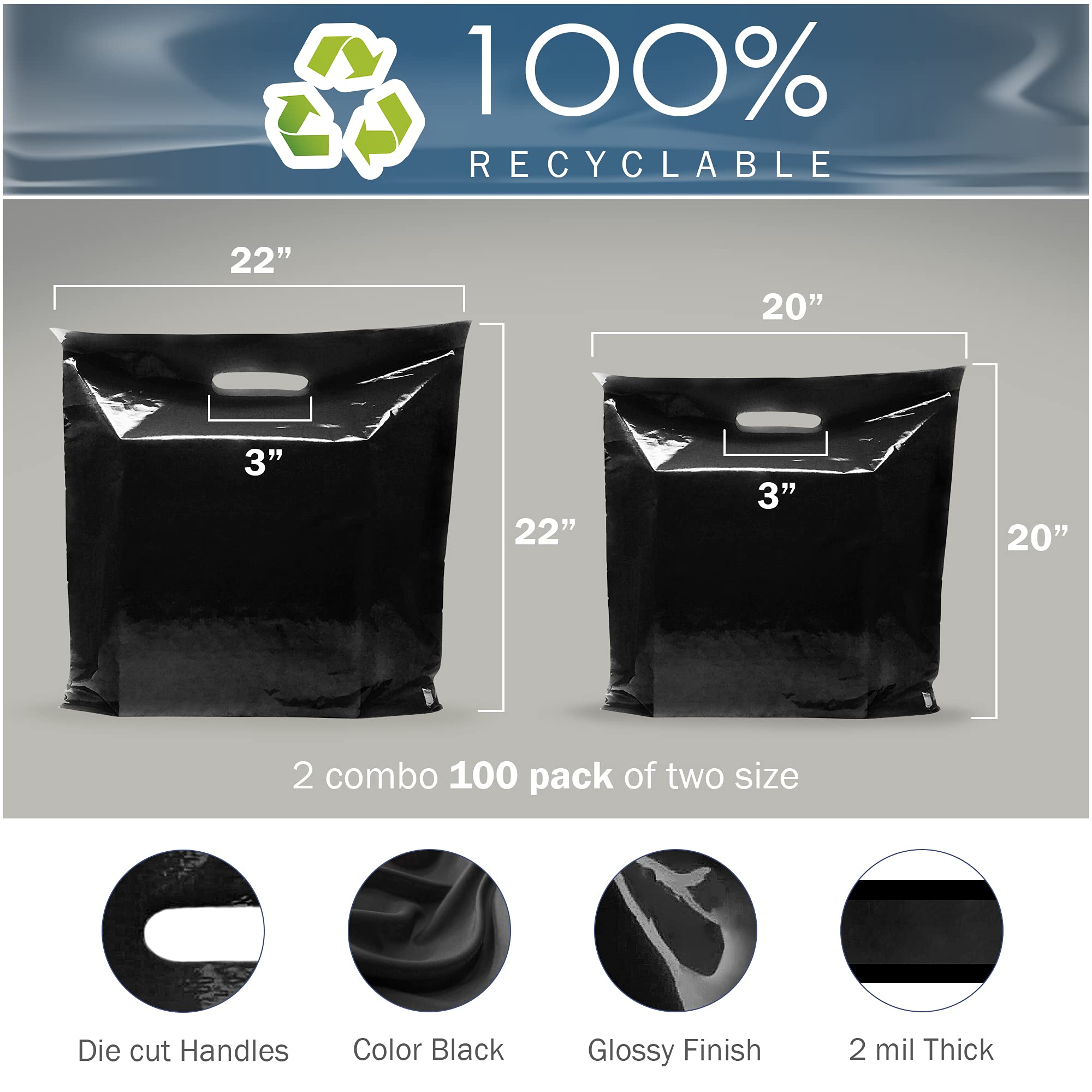 100 Pack Extra Large 20x20 & 22x22 Plastic Shopping Bags - 2 Mil Thick Retail Bags with Die-Cut Handles | Ideal for Toys, Clothes, Electronics & Large Merchandise | 100% Recyclable | Perfect for Retail Stores, Boutiques & Gift Packaging