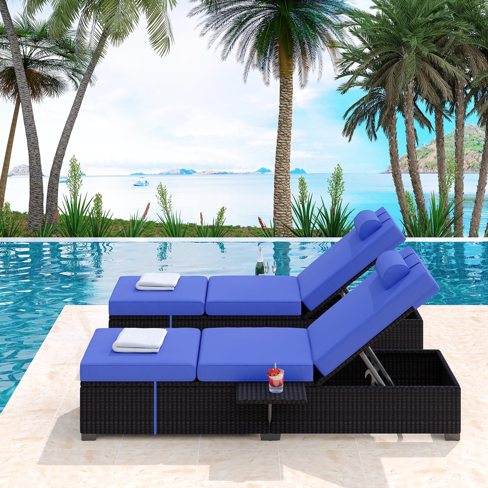 GAOMON 2-Piece Outdoor Patio Lounge Chair Set - Adjustable PE Wicker Chaise Lounge with Storage Table - Brown Rattan Poolside Furniture for Backyard, Garden & Beach Relaxation