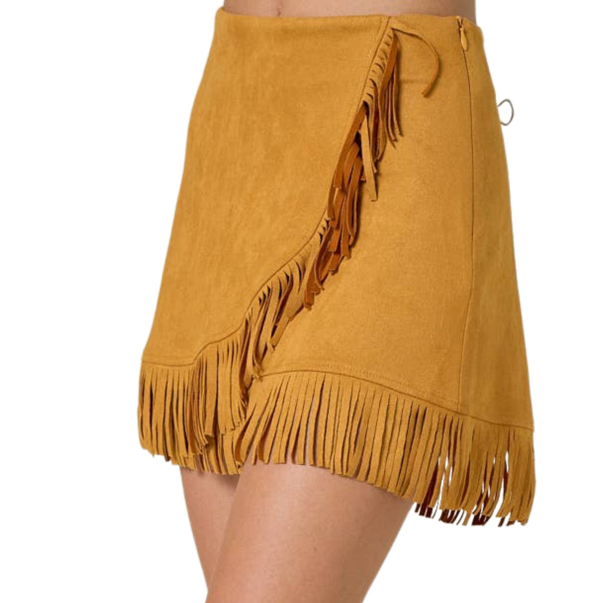 Mustard Yellow Suede Fringe Wrap Skirt for Women - Boho Chic Vintage Style Skirt for Music Festivals, Parties & Casual Outfits