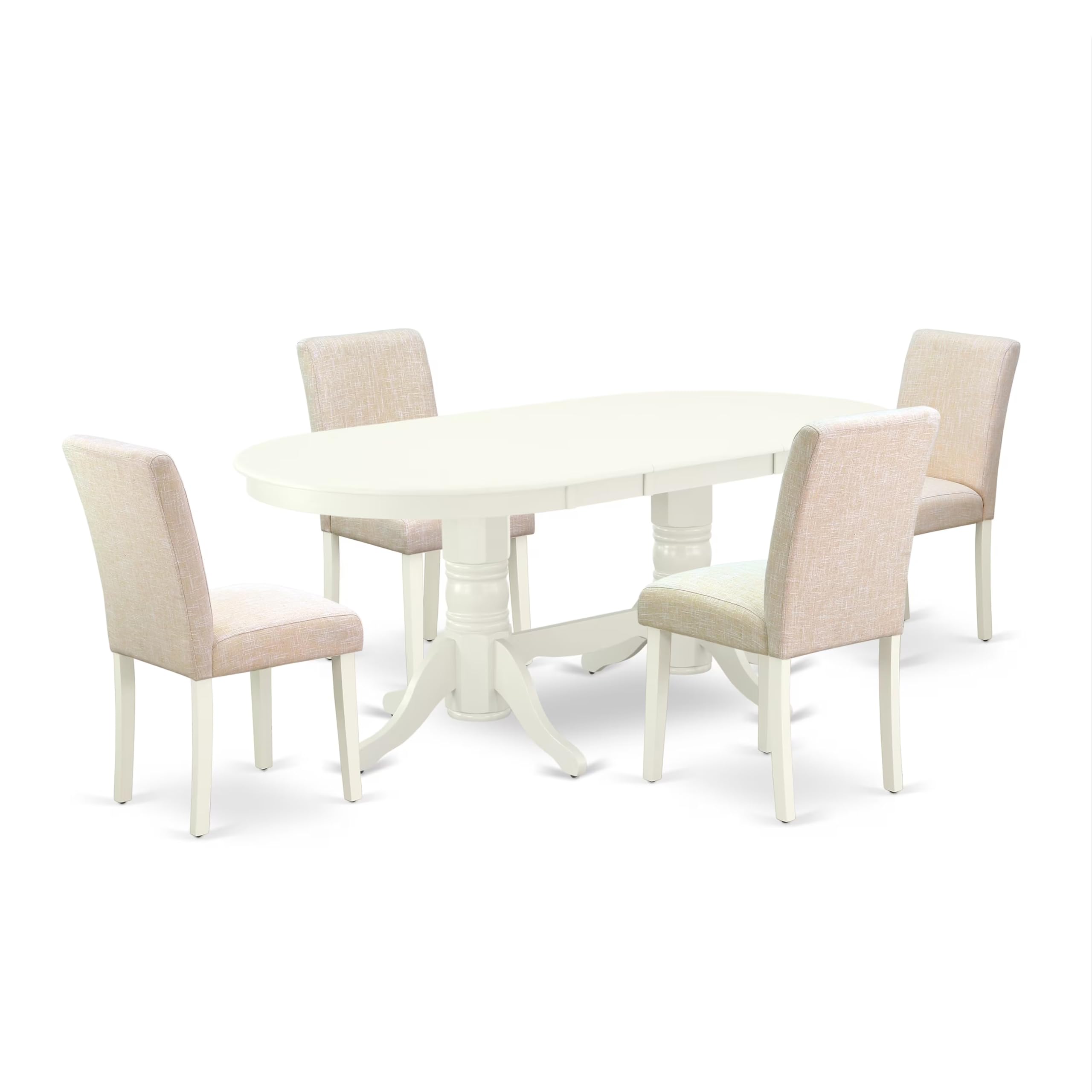 East West Furniture VAAB5-LWH-02 5-Piece White Linen Dining Set - 40x76 Inch Oval Table with Butterfly Leaf & 4 Light Beige Fabric Parsons Chairs - Perfect for Kitchen, Breakfast Nook & Small Space Dining Rooms