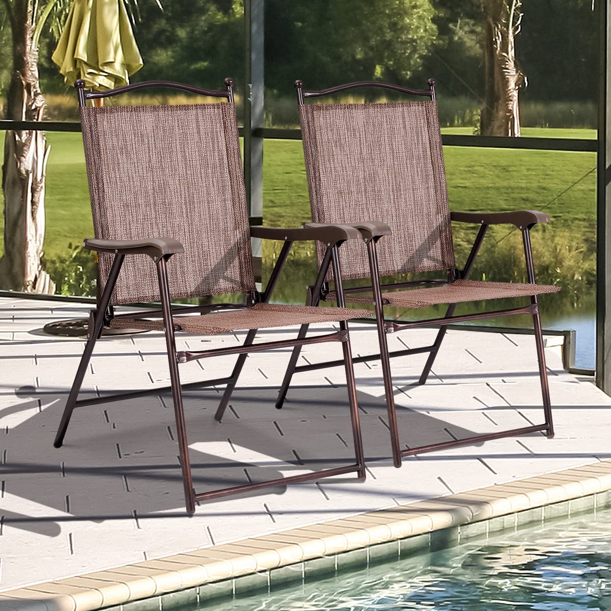Byroce 2-Pack Patio Folding Chairs - Portable Lightweight Outdoor Lounge Chairs with Armrests & Metal Frame - Sturdy Foldable Sling Back Chairs for Garden, Beach, Camping, Picnic & Backyard (Brown)