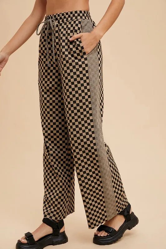 Annie Wear Women's Checkered Wide Leg Drawstring Pants - Casual Comfort for Work, Travel & Everyday Wear
