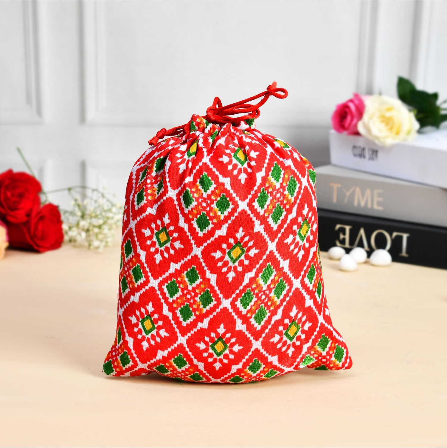 Kuber Industries Silk Wedding Potli Bag - 7x9 Inch Medium Drawstring Closure Clutch for Women - Perfect for Weddings, Baby Showers & Christmas Gifts - Pack of 10 Red Patola-Print Potli Wallets