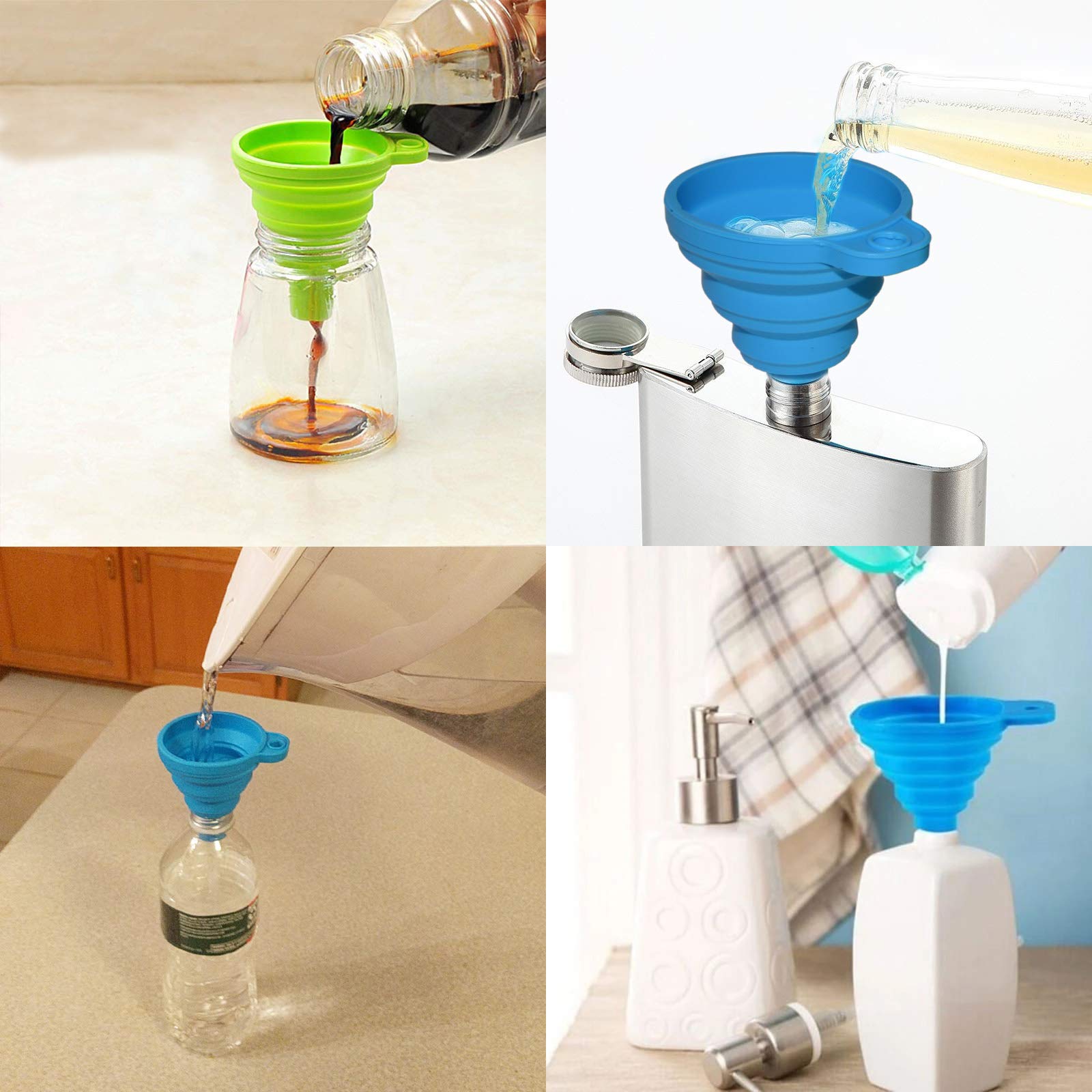4 Pack Collapsible Silicone Funnels - Reusable Kitchen Funnel Set for Refilling Water Bottles, Soap Dispensers, Liquids & Oils | Space-Saving Design for Camping, Travel & Home Use by EX ELECTRONIX EXPRESS