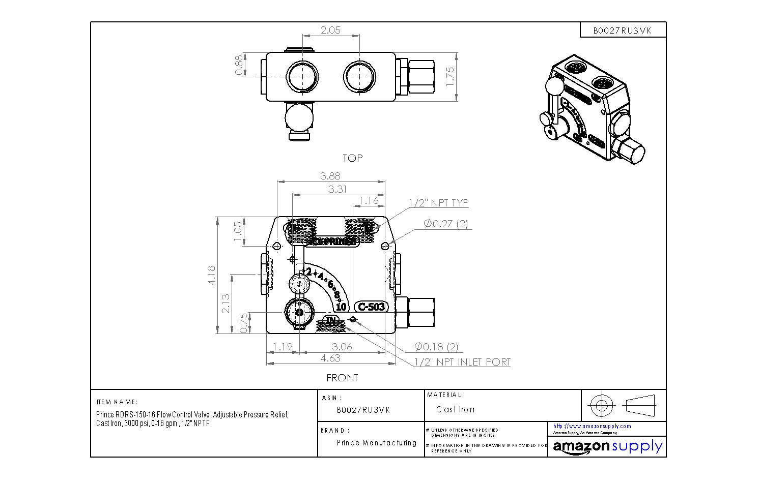 Prince RDRS-150-16 Adjustable Pressure Relief Flow Control Valve - Cast Iron, 3000 psi, 0-16 GPM, 1/2