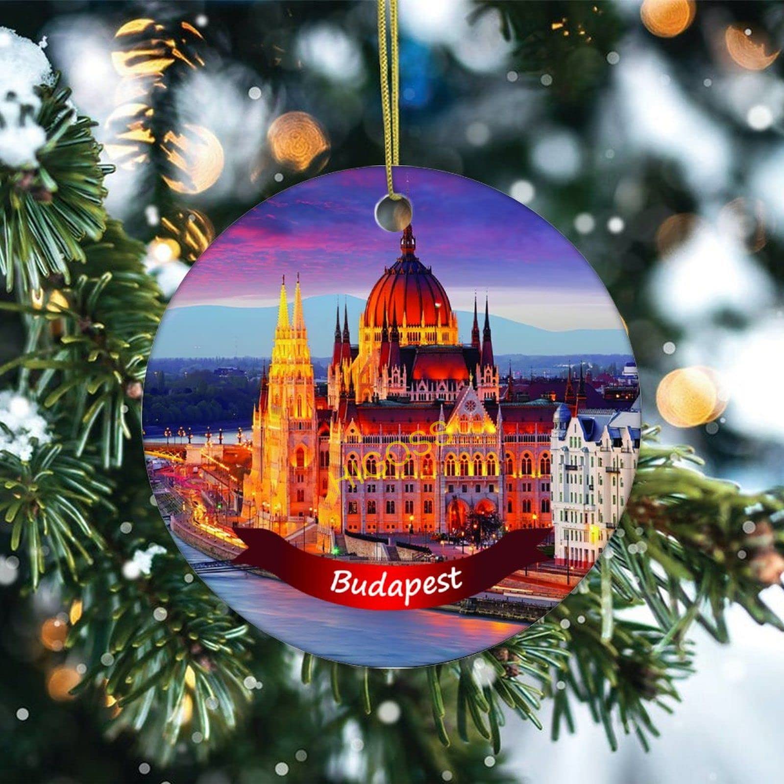 Budapest Hungary Christmas Tree Ornament - 3 Inch Double-Sided Porcelain Ceramic Hanging Decoration for Holiday Home Decor & Gift Giving