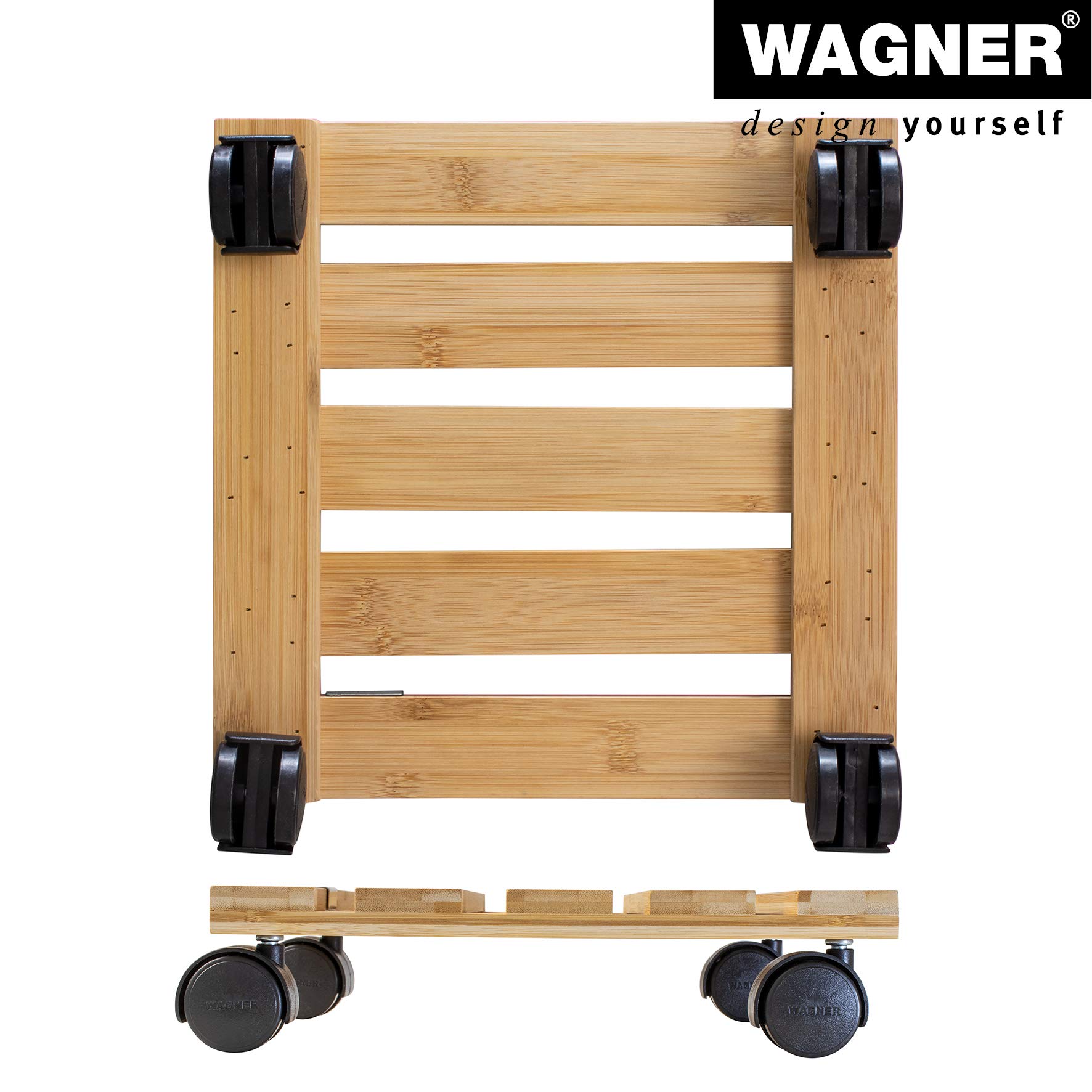 WAGNER Bamboo Plant Caddy with Wheels - 11.42 x 11.42 x 2.76 Inch Indoor Flower Stand - 220 lbs Capacity Wooden Plant Mover for Potted Plants, Home Decor, and Garden Use