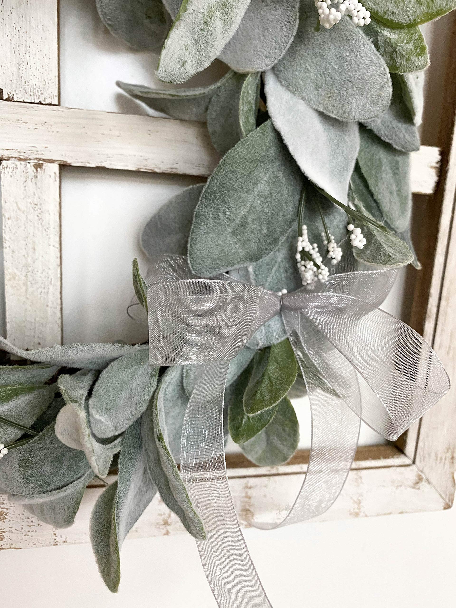 Farmhouse Rustic Window Frame with Lambs Ear Wreath - Decorative Wall Hanging for Home, Front Door, Living Room & Entryway Decor - Perfect for Spring, Summer, Fall & Winter Seasonal Decorations