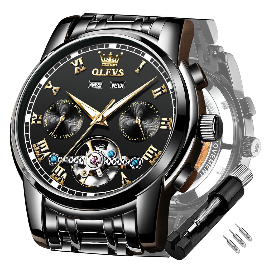 OLEVS Men's Automatic Self-Winding Tourbillon Watch - Luxury Stainless Steel Dress Watch with Luminous Hands & Waterproof Design - Perfect for Business, Formal Events & Everyday Wear