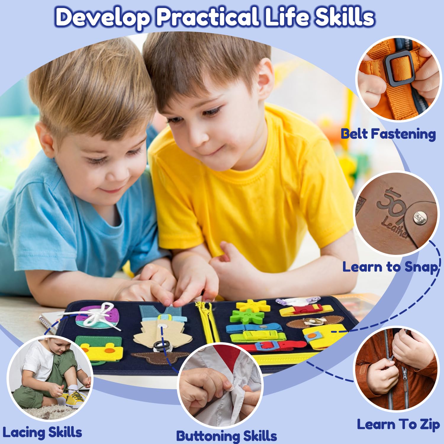 Qizfun Montessori Busy Board Book - Sensory Learning & Educational Toys for Toddlers 1-4 Years Old | Best Travel Activity Toy for Airplane & Car Rides | Perfect Birthday Gift for Boys & Girls 1-3 Years | Develop Fine Motor Skills & Early Learning