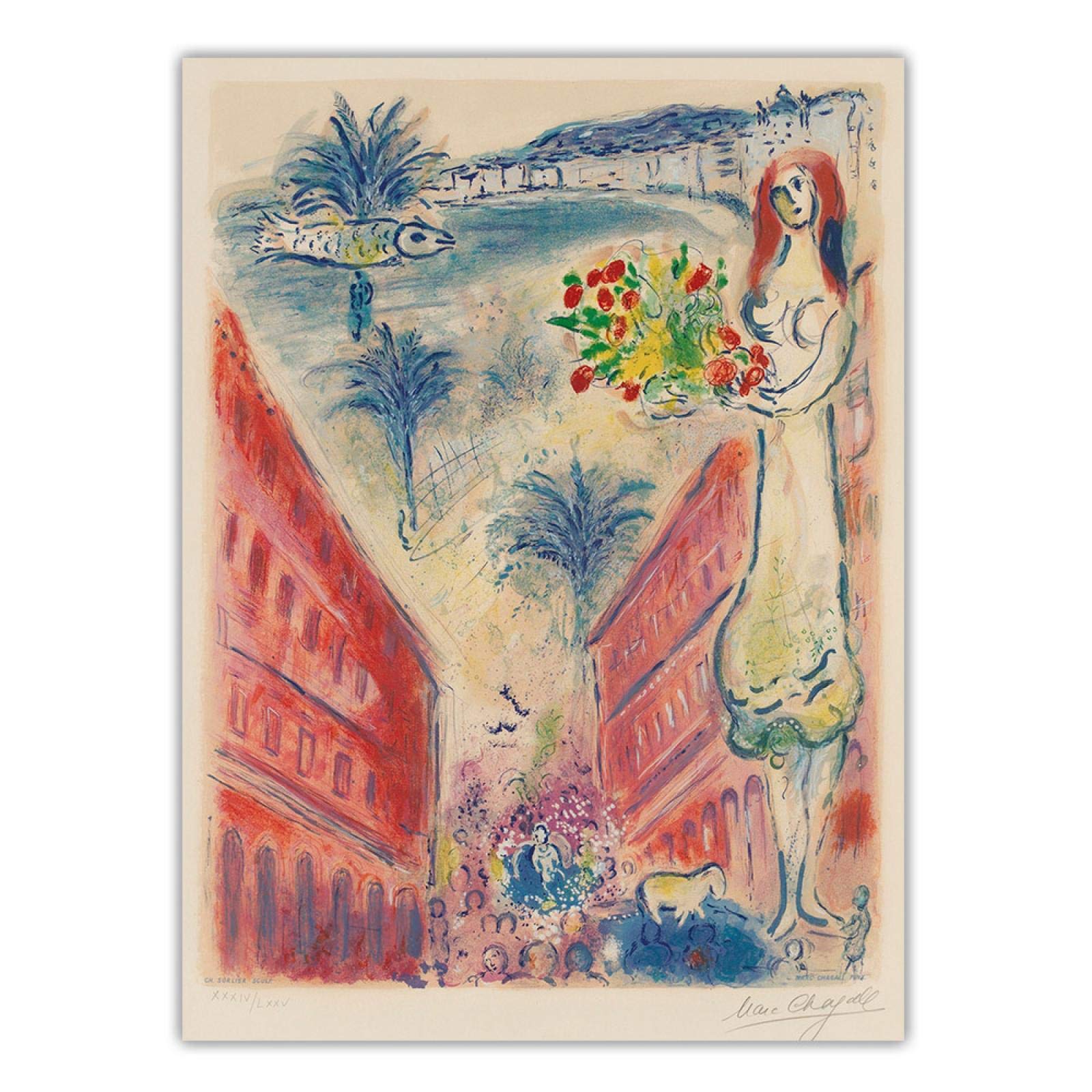 Framed Marc Chagall Art Prints - Avenue De La Victoire At Nice Famous Painting Reproduction on Canvas - Ready to Hang Wall Decor for Living Room, Bedroom & Office - 28x35 Inches (70x90cm) Stretched Canvas with Wooden Frame - Perfect for Home Decor, Housewarming Gifts & Art Collectors