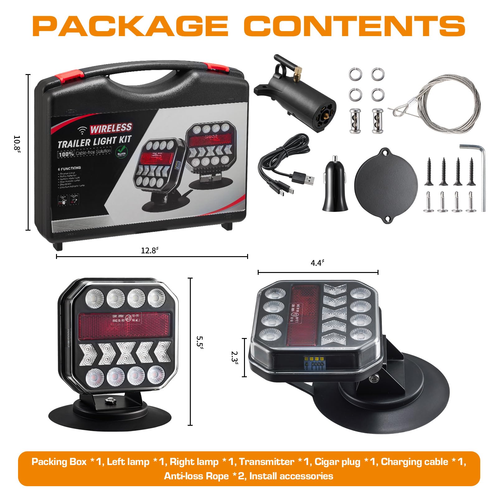 USB-C Magnetic Wireless Trailer Lights - Adjustable Rechargeable Towing Light Kit with Powerful Suction Base & Retroreflectors for Trucks, Boats, RVs, Vehicles & Caravans | Perfect for Night Towing, Camping & Roadside Safety