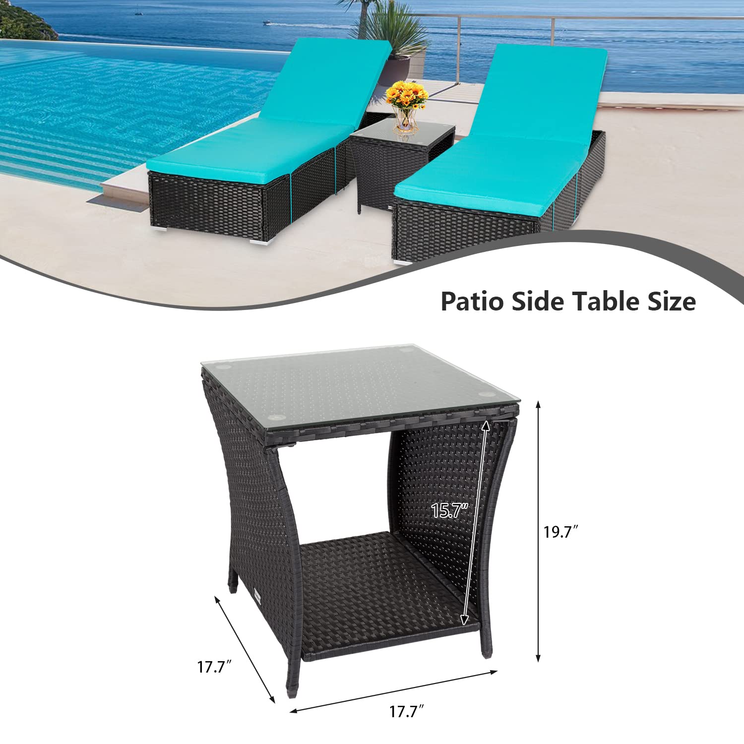 Kinbor Outdoor Patio Side Table - Square Wicker PE Rattan Coffee Table with Tempered Glass Top & Storage Shelf | Perfect for Deck, Poolside, Garden, Lawn & Porch (Black) | Weather-Resistant Outdoor Furniture for Relaxing & Entertaining