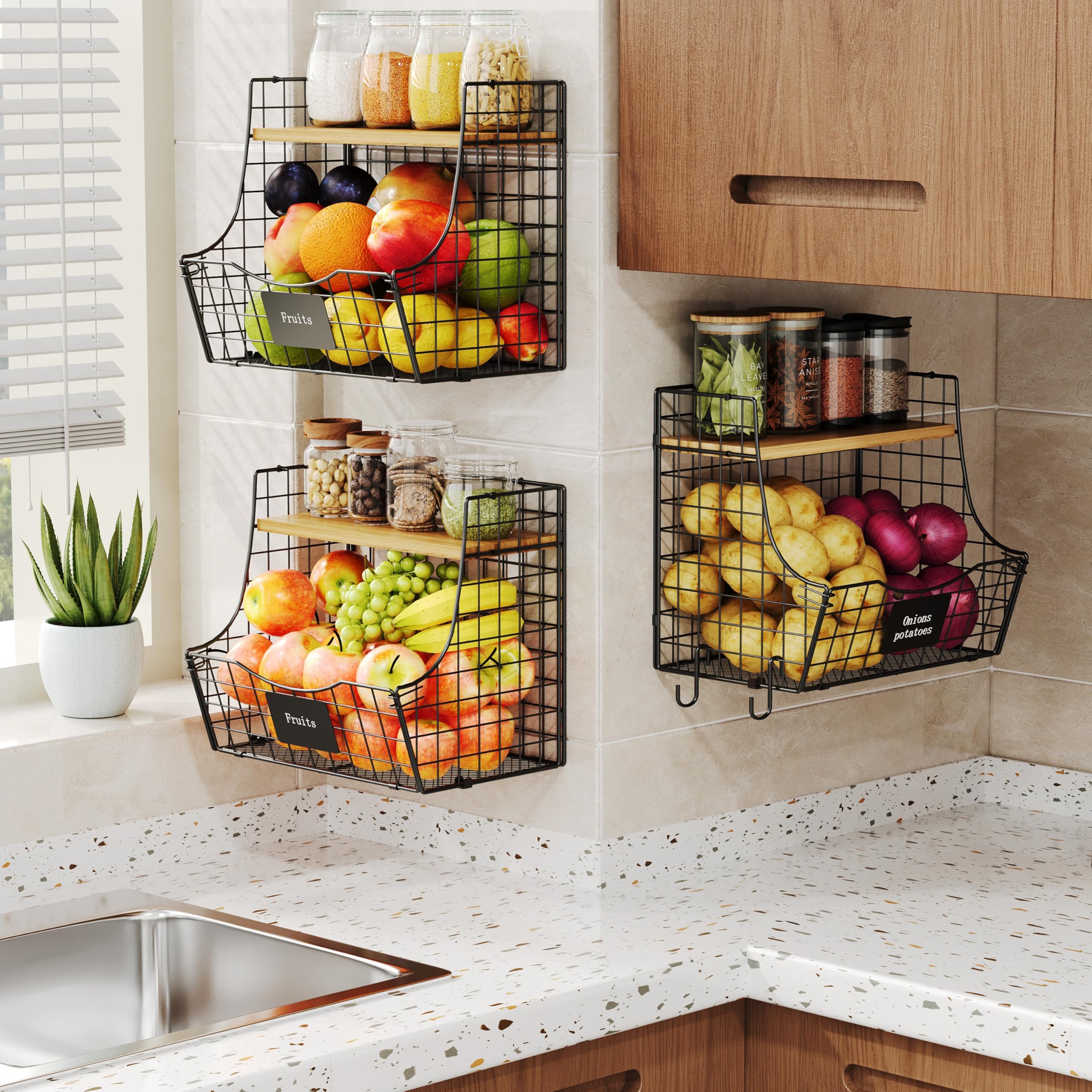 3 Pack Wooden Fruit Basket with Lid - Stackable Wall Mounted Kitchen Storage for Onions, Potatoes & Produce - Hanging Wire Baskets for Countertop & Pantry Organization - Perfect for Farmhouse & Modern Kitchens