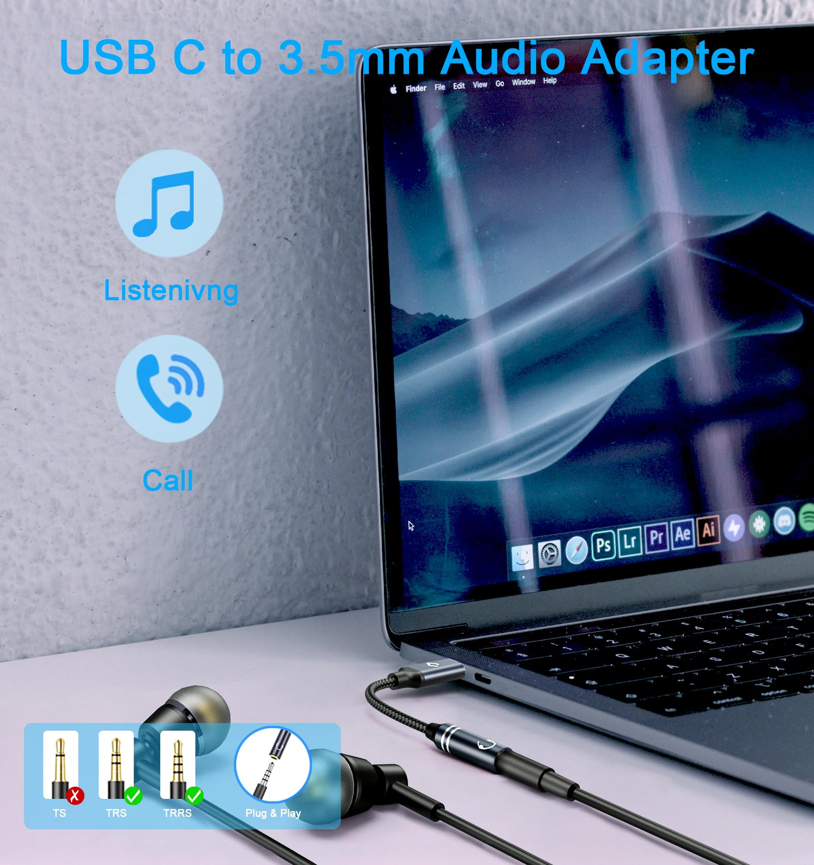 USB C to 3.5mm Audio Adapter, USB Type C to Female Aux Headphone Jack Dongle with Nylon Braided Cable - Compatible with iPhone 15/14/13 Series, iPad Pro, MacBook, Samsung Galaxy S23/S22, Google Pixel 7/6 - Perfect for Music, Gaming & Conference Calls (Blue)