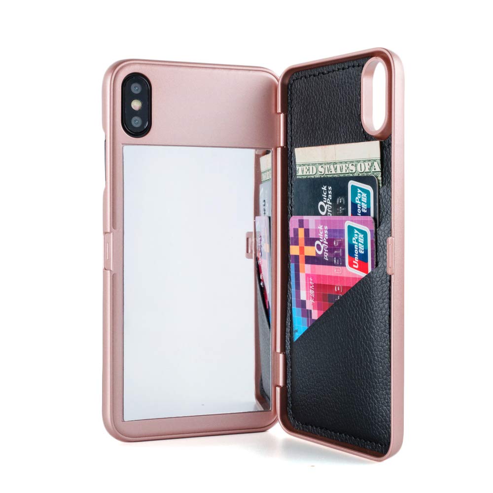 Premium Shockproof Wallet Case for iPhone Xs Max 6.5 Inch - Built-in Kickstand & Mirror, RFID Blocking Card Holder (Rose Gold) - Perfect for Travel, Work & Everyday Protection