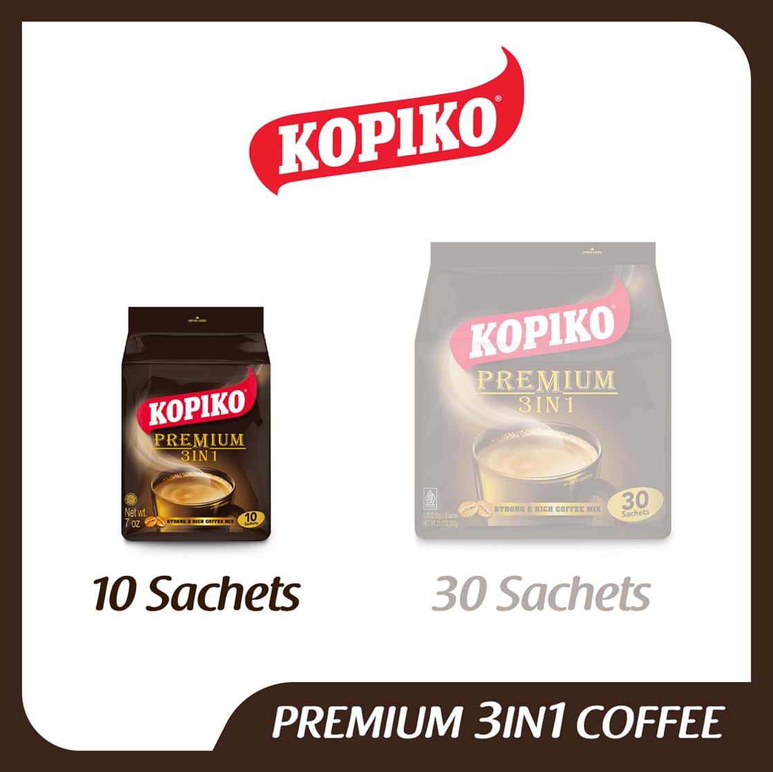 KOPIKO Premium 3-in-1 Instant Coffee Mix - Authentic Indonesian Volcanic Coffee, Strong & Smooth with Creamer & Sugar (7.1oz, 10 Sachets) - Perfect for Office, Travel & Home Brewing