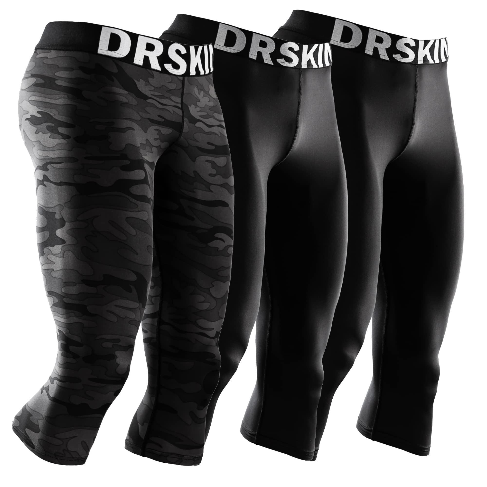 DRSKIN Men's 3/4 Compression Pants - 1/3/4 Pack Athletic Baselayer Leggings for Running, Workout & Sports - Moisture-Wicking Performance Tights for Gym, Cycling & Active Lifestyle